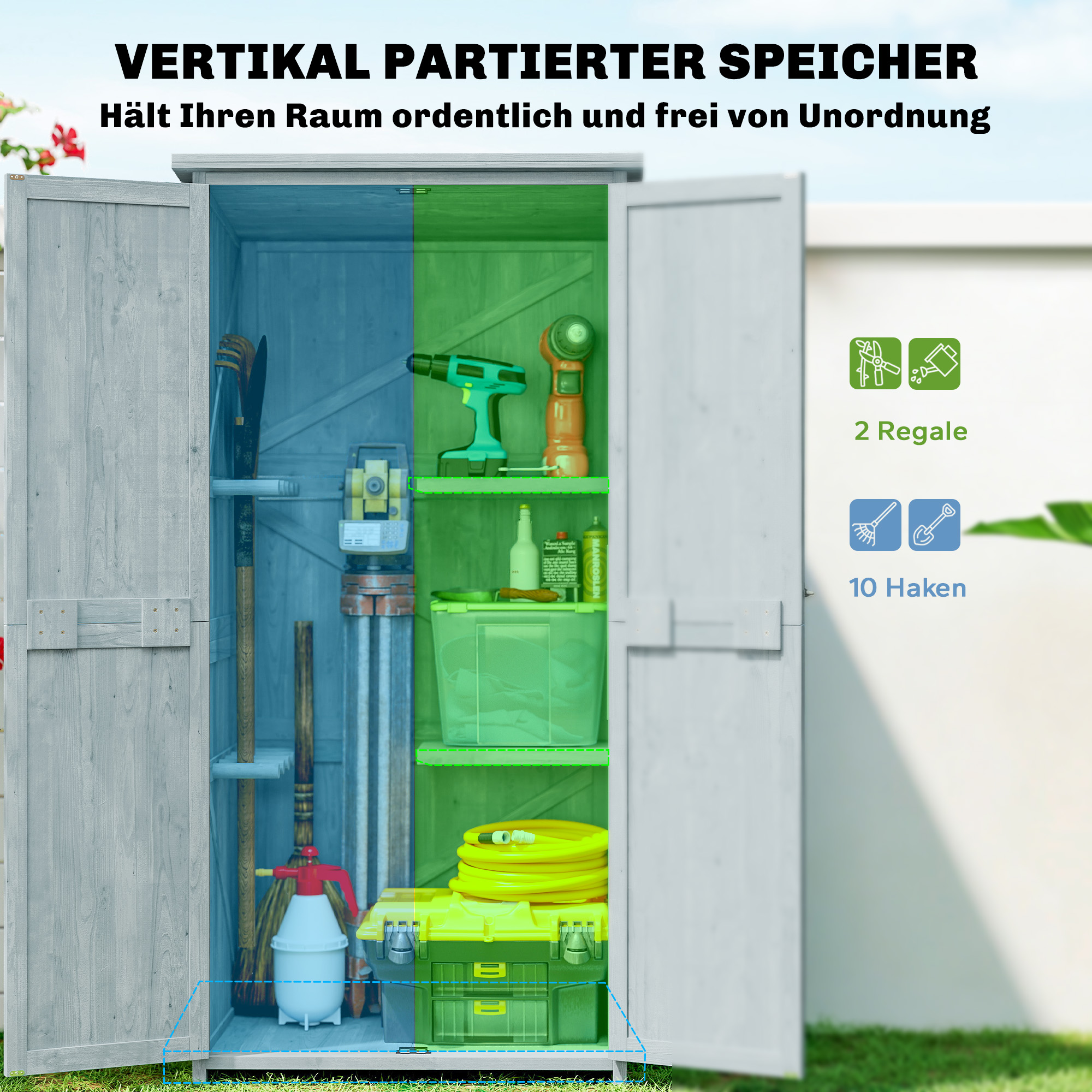 Gartenschrank Holz wetterfest Geräteschuppen mit Doppeltür Magnetverschluss für Garten Terrrasse 85 x 54 x 170 cm Grau