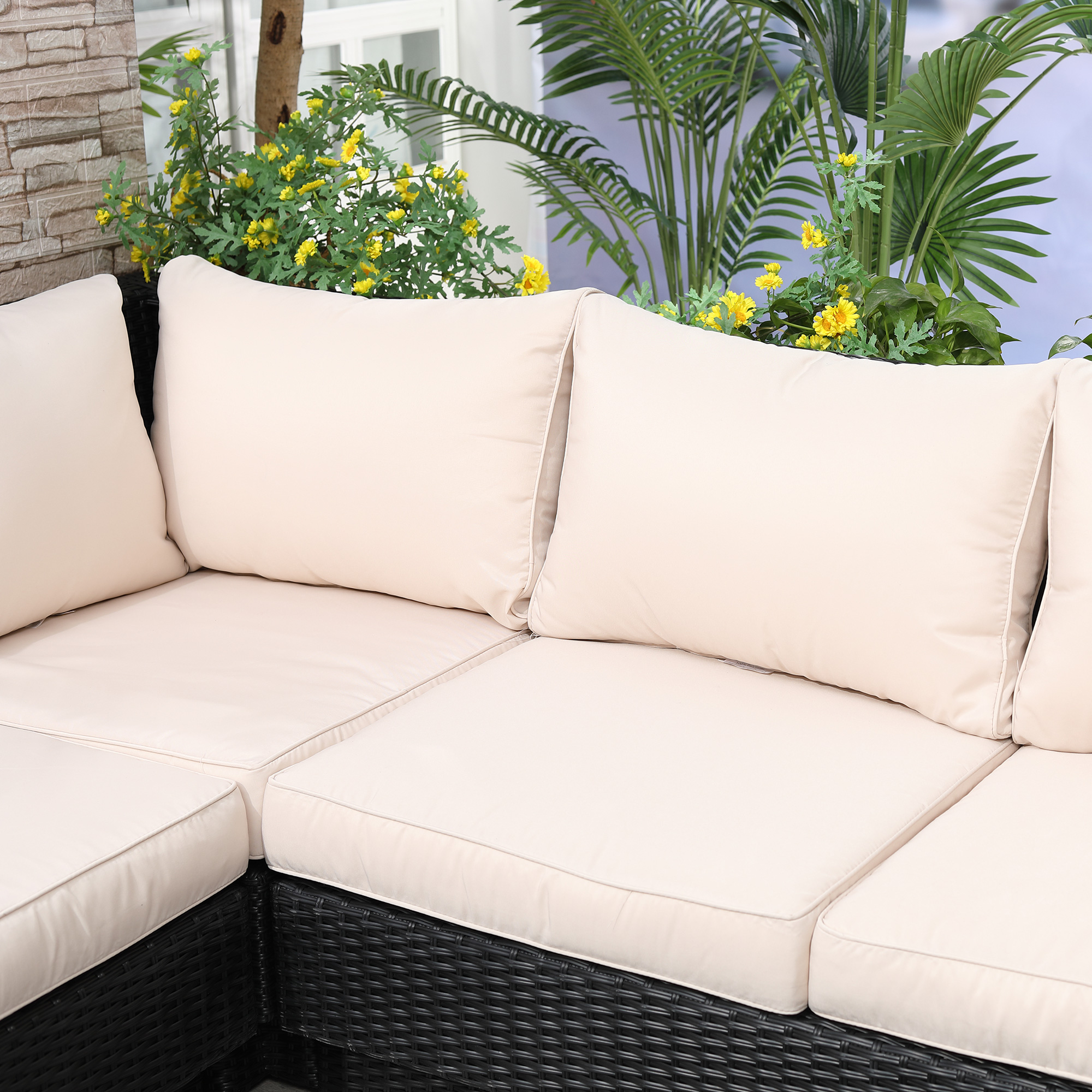 4-tlg. Luxus Polyrattan Gartengarnitur Gartenmöbel Garten-Set Sitzgruppe Loungeset Loungemöbel inkl. Ablagen und Beistelltisch Sitzkissen Schwarz