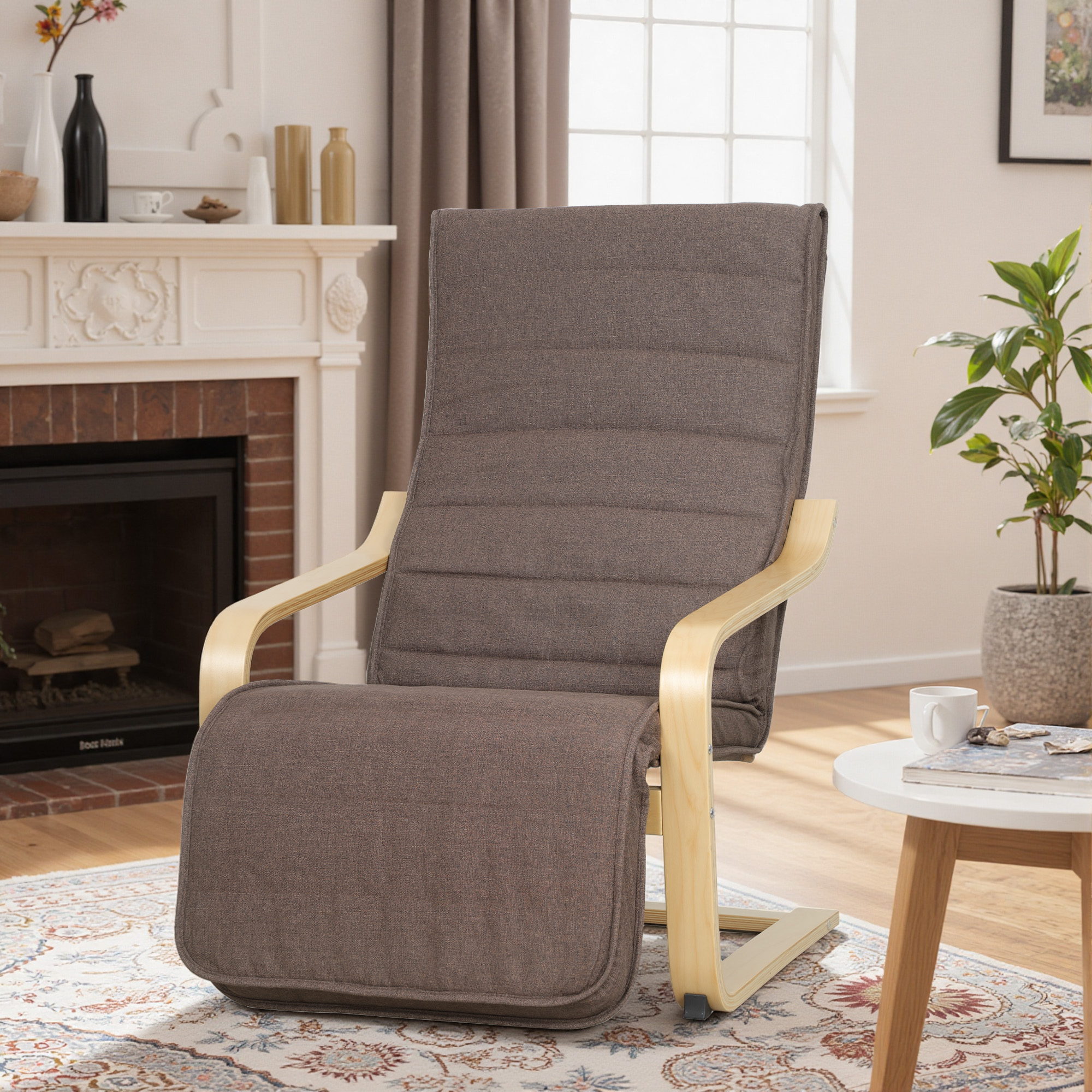 Akzentsessel, Relaxsessel mit verstellbarem Fußteil, Birkenholzrahmen, bis 120 kg, 66,5 x 94 x 100 cm, Braun