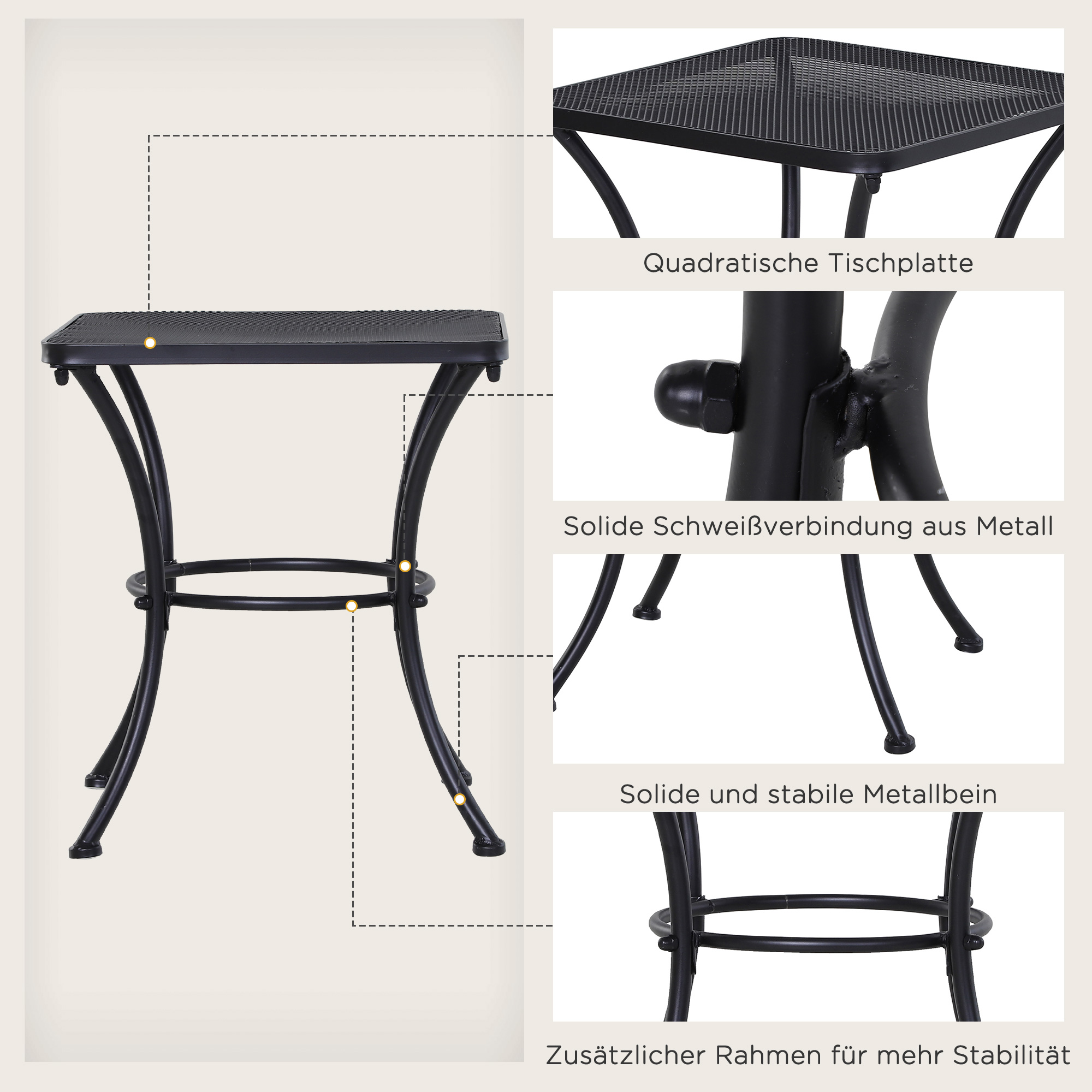 Garten Couchtisch, Beistelltisch, Gartentisch, Kaffeetisch, Metall, Schwarz, Terrasse, 45 x 45 x 50 cm