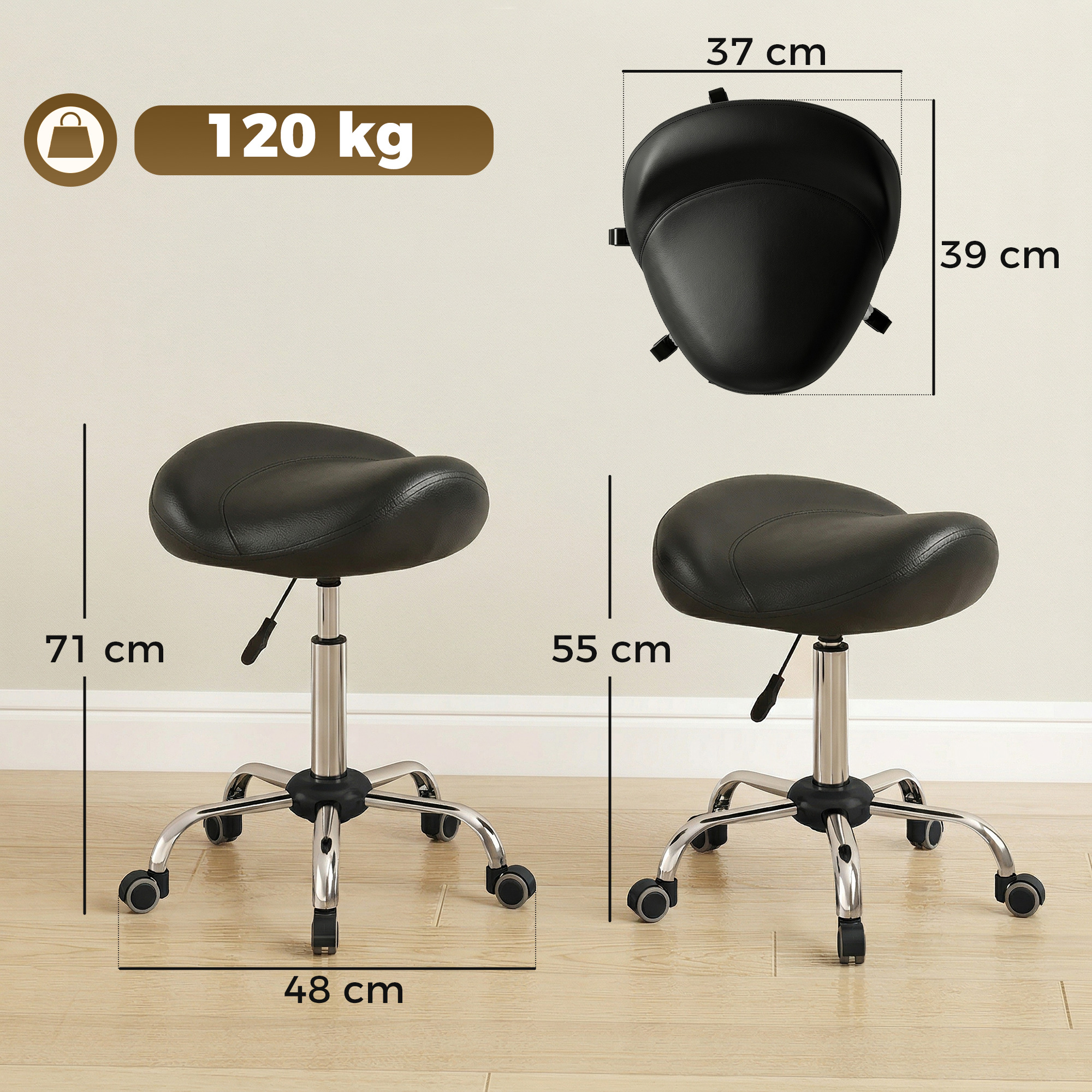 Salonhocker mit Sattelsitz, höhenverstellbar, Kunstleder, 48x48x54-69cm, Schwarz