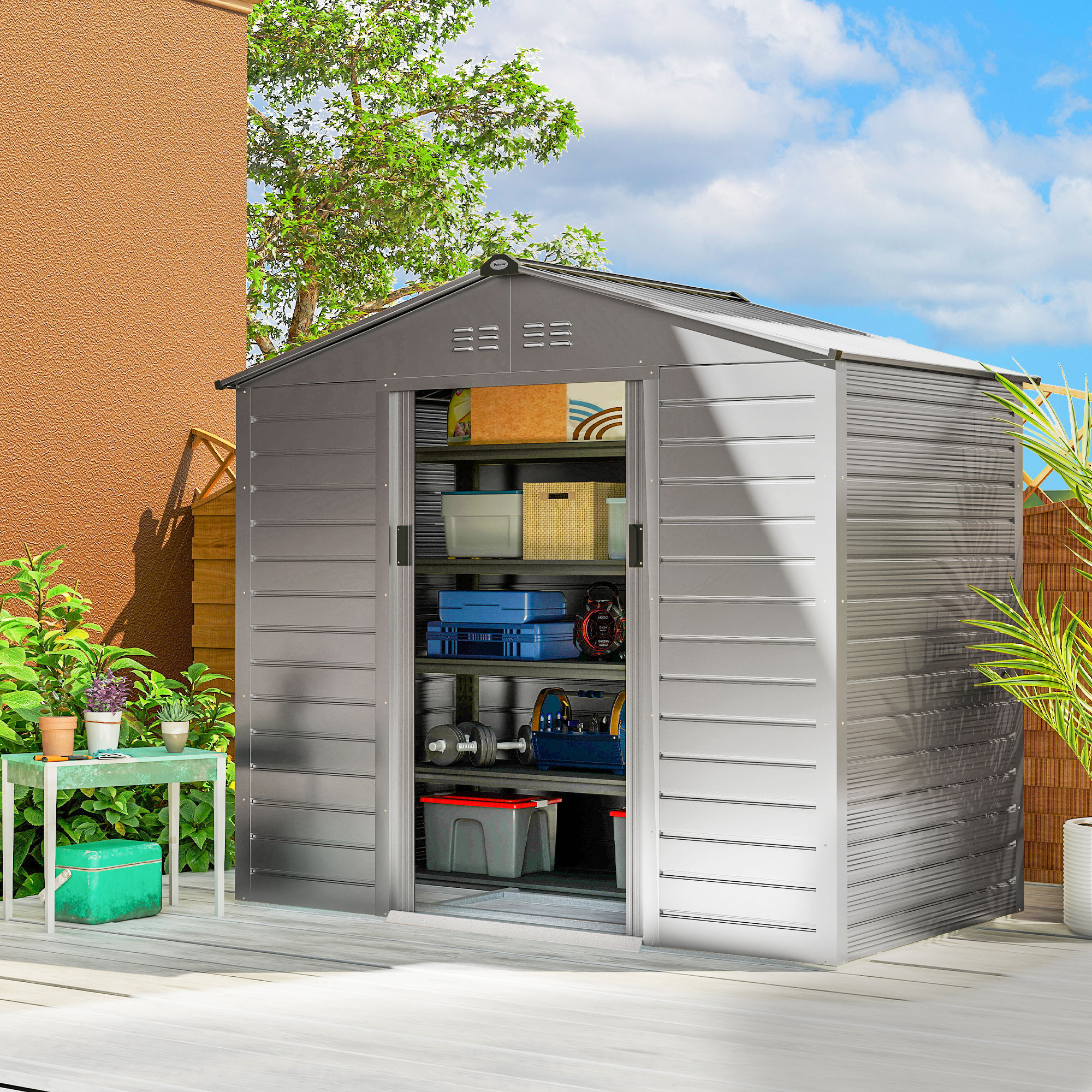 2,43 ? Gerätehaus, 213 x 131 x 192 cm Geräteschuppen mit Satteldach, Abschließbare Schiebetür, wetterfest, Grau
