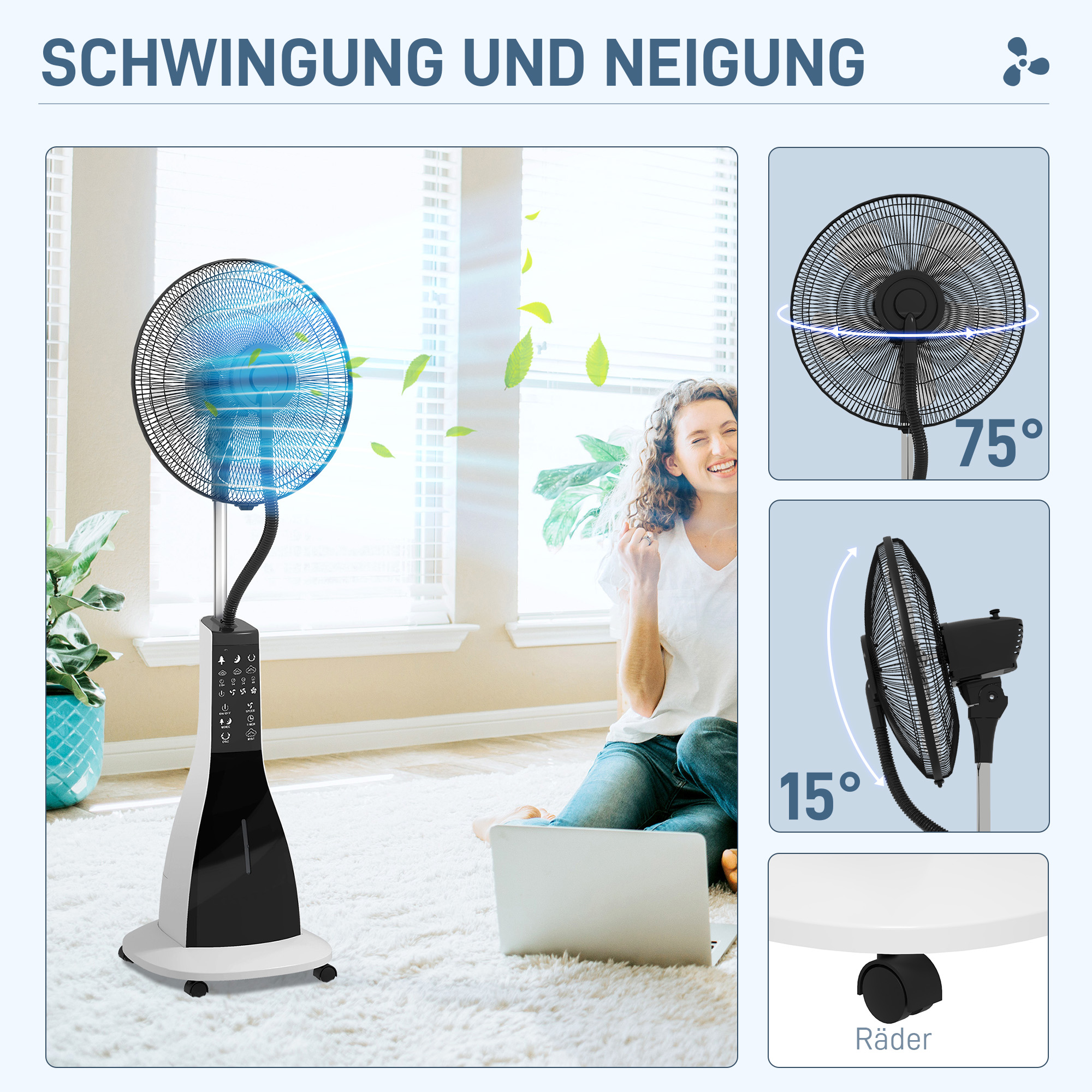 Standventilator mit Luftbefeuchtung, leise, mobil, Fernsteuerung, Schwarz/Weiß
