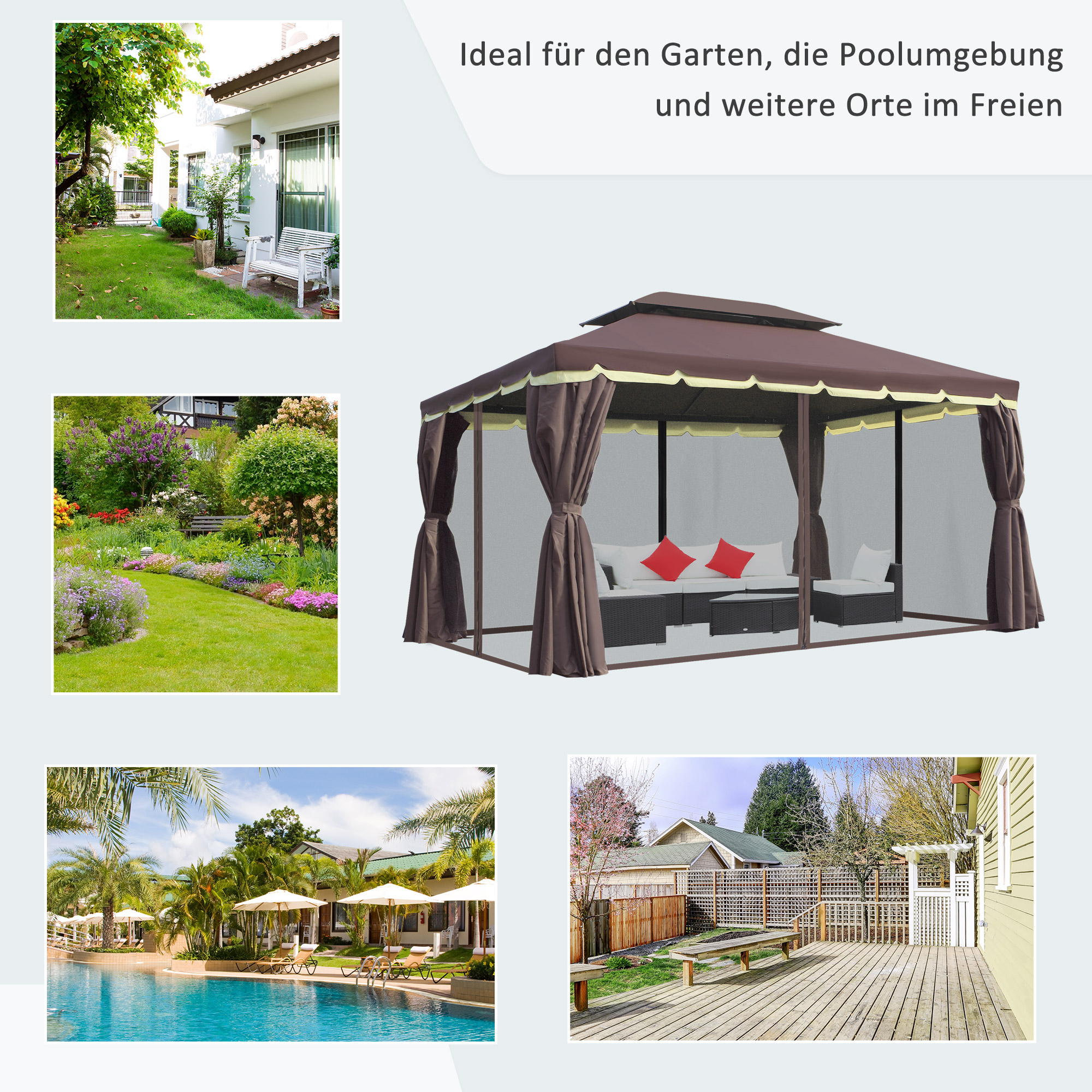 Gartenpavillon Pavillon 390 x 290 x 280 cm Gartenzelt Festzelt Partyzelt mit 4 x Seitenteile Moskitonetz wetterfest Aluminium Polyester Kaffee+Schwarz
