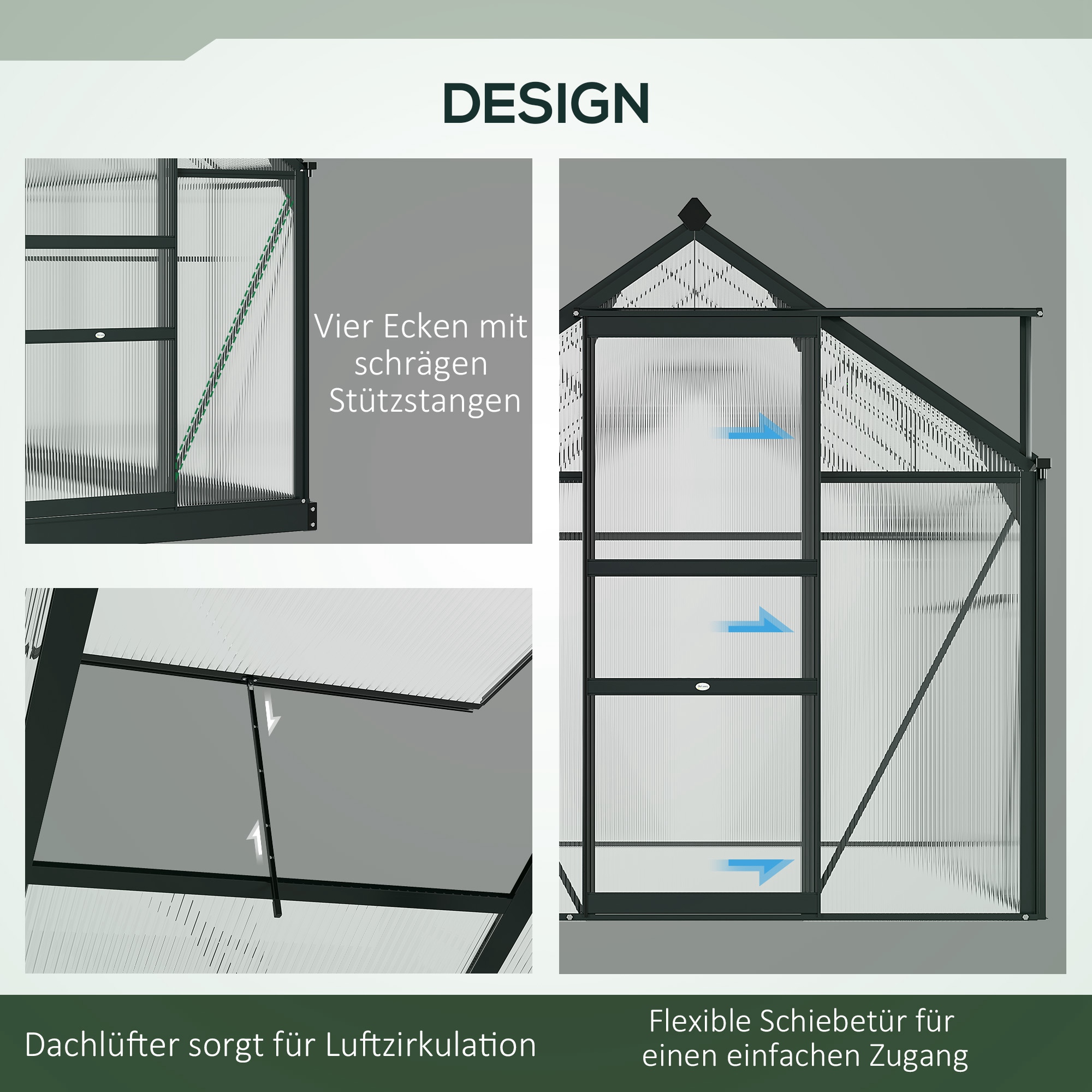Gewächshaus Treibhaus Frühbeet, Dachfenster, begehbar, verzinkter Sockel, wetterbeständig, 190 cm x 132 cm x 201cm, Grau