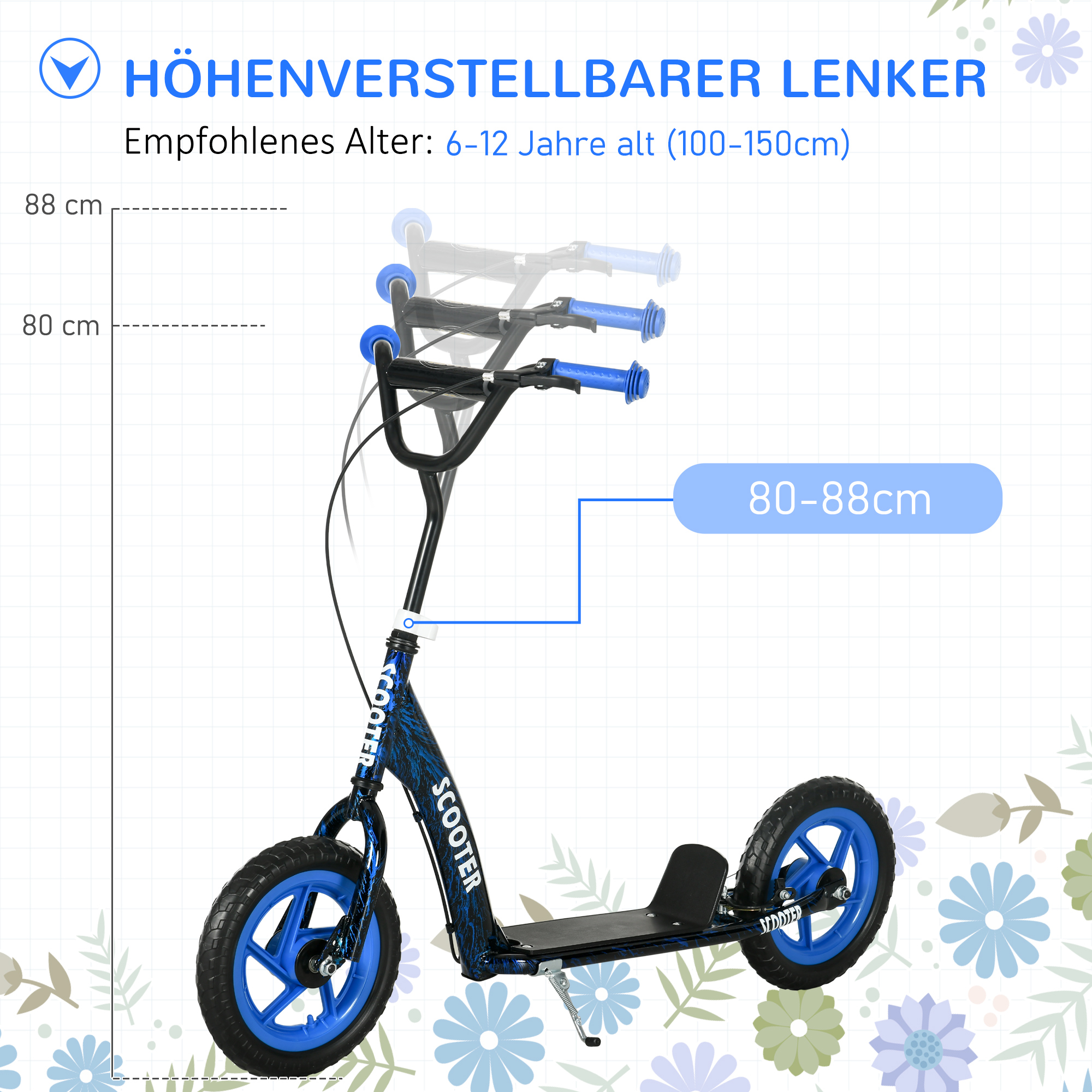 Kinderroller, höhenverstellbarer Tretroller für Kinder, mit Bremse, Ständer, 2 Räder, Stahl, Blau
