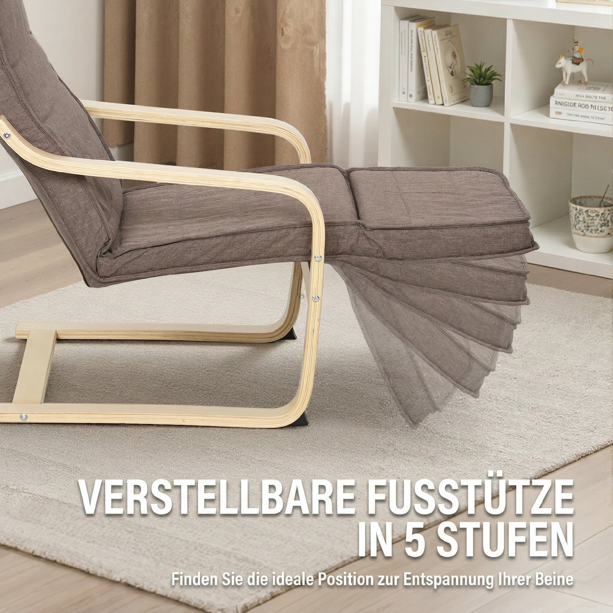 Akzentsessel, Relaxsessel mit verstellbarem Fußteil, Birkenholzrahmen, bis 120 kg, 66,5 x 94 x 100 cm, Braun