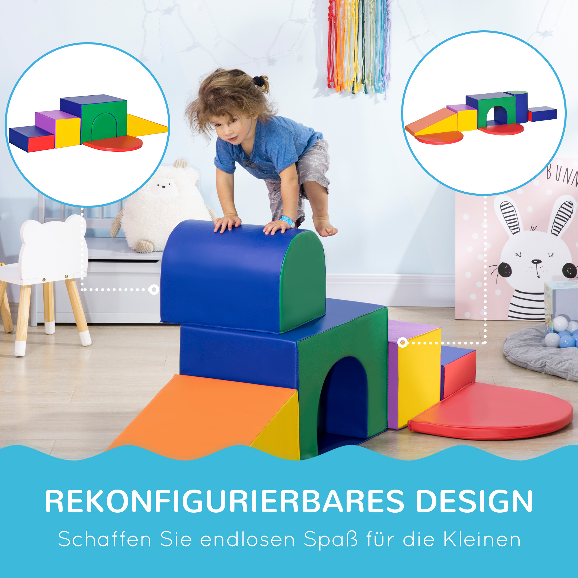 Saftbaustein-Set für Kinder, Schaumstoffblöcke, Quadrat, Treppe, Rampe, Kunstleder, Mehrfarbig