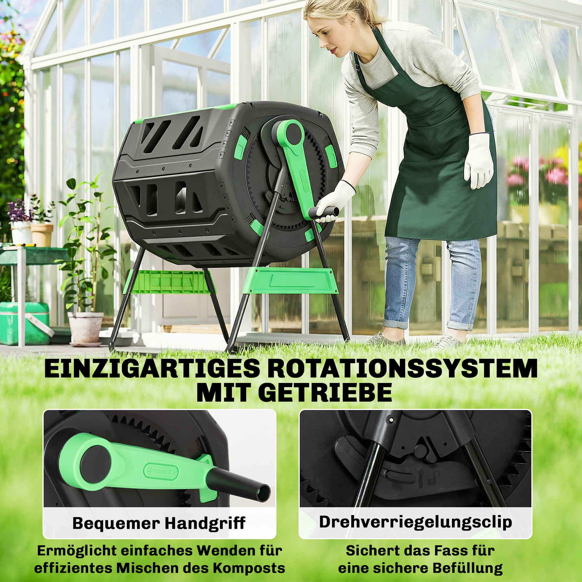 Kompostbehälter, 200L Dualkammer-Komposter mit verstellbaren Lüftungsschlitzen, BPA-frei, Grün