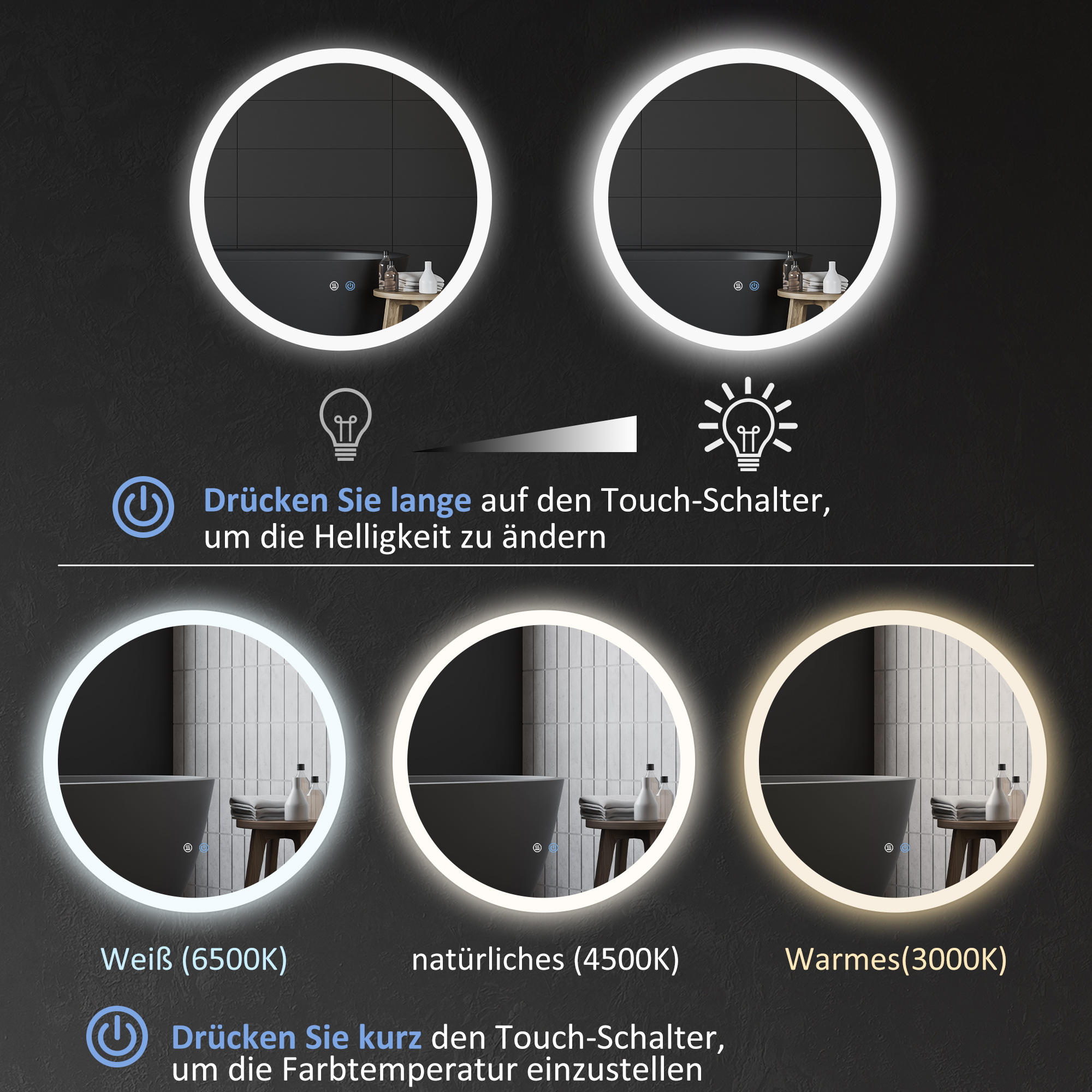 Badezimmerspiegel Badspiegel mit LED-Licht Berührungssensor Antibeschlagfunktion