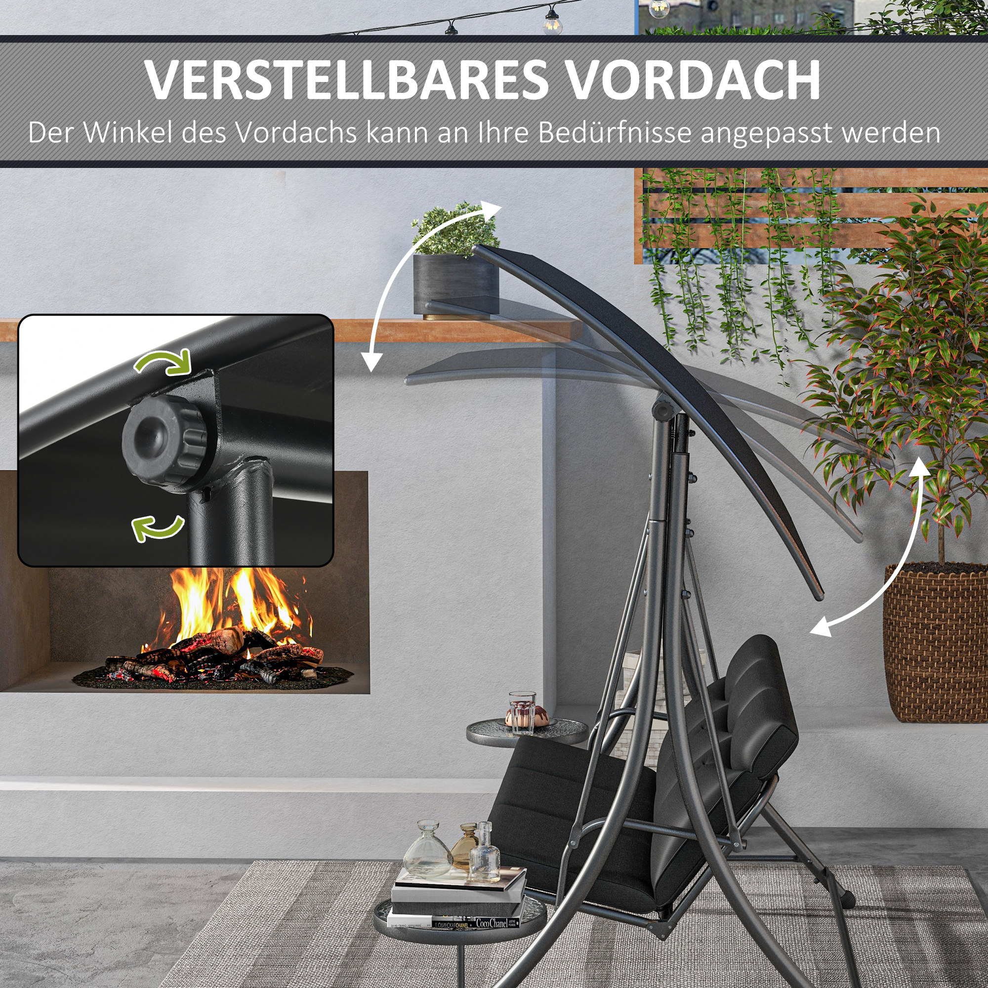Hollywoodschaukel, Schaukelbank, 3-Sitzer Gartenschaukel mit verstellbarem Sonnendach, 278 x 135 x 177 cm, Schwarz