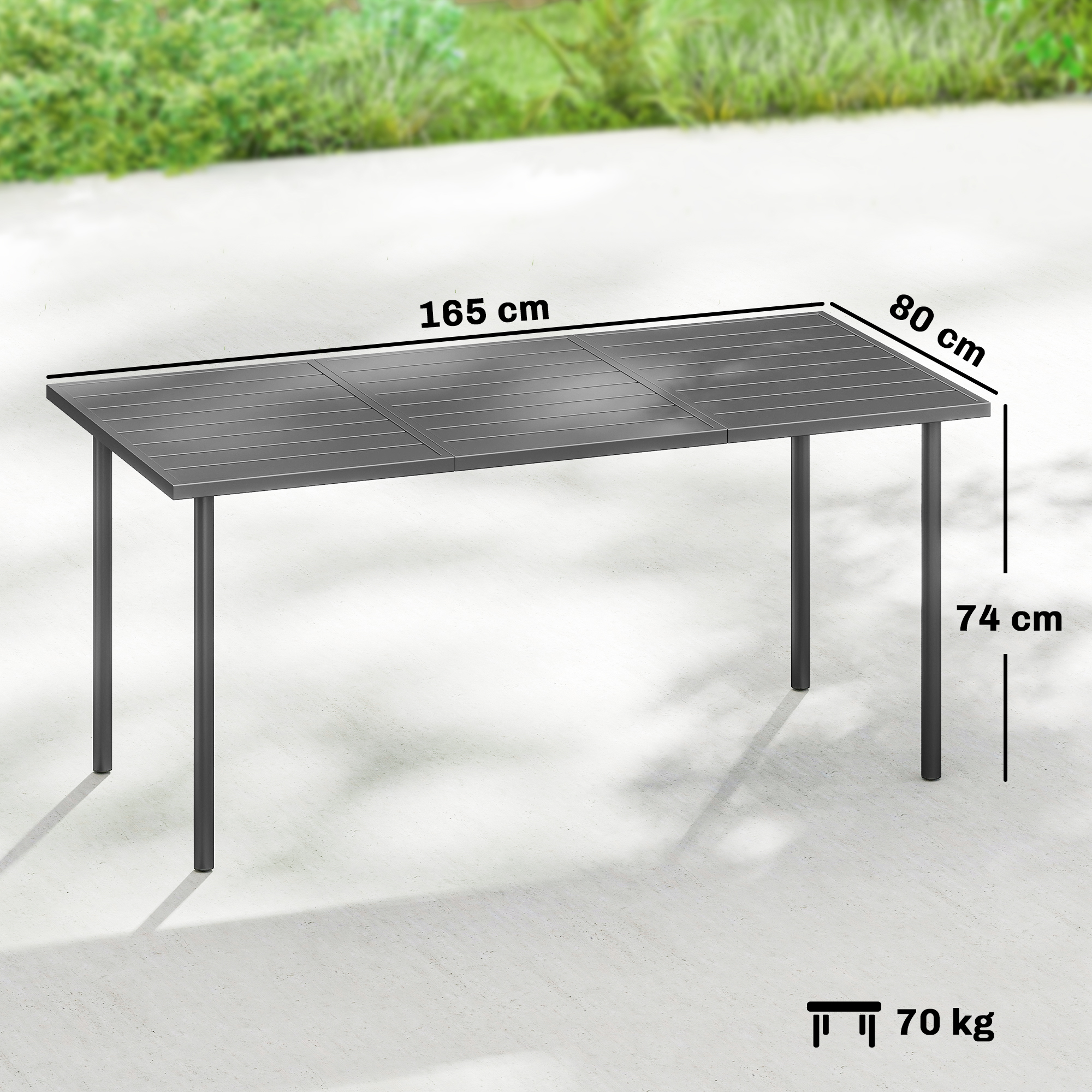 Gartentisch 165 x 80 cm für 6 Personen Esstisch mit Lamellen-Tischplatte Stahlrahmen, Rechteckig
