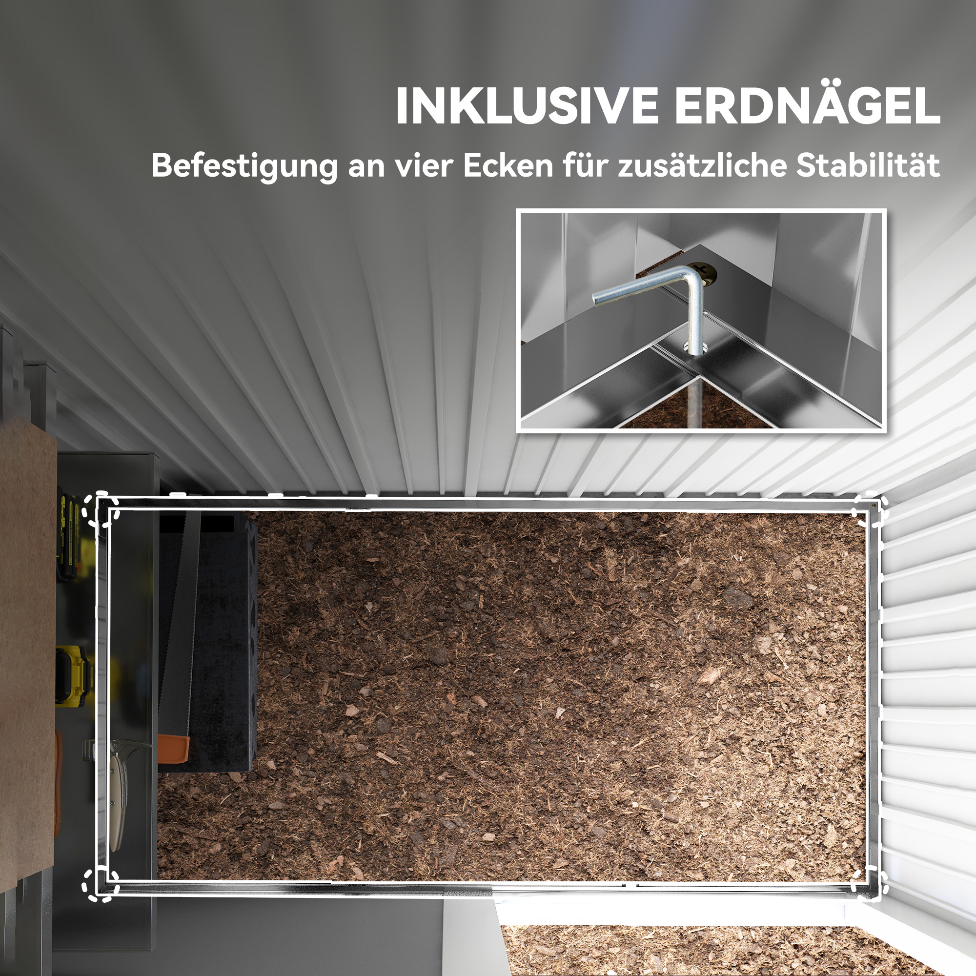 Gartenschuppen, Outdoor-Geräteschuppen aus Wellstahl, Wanddesign, verstellbare Regalböden, verschließbare Tür, Grau