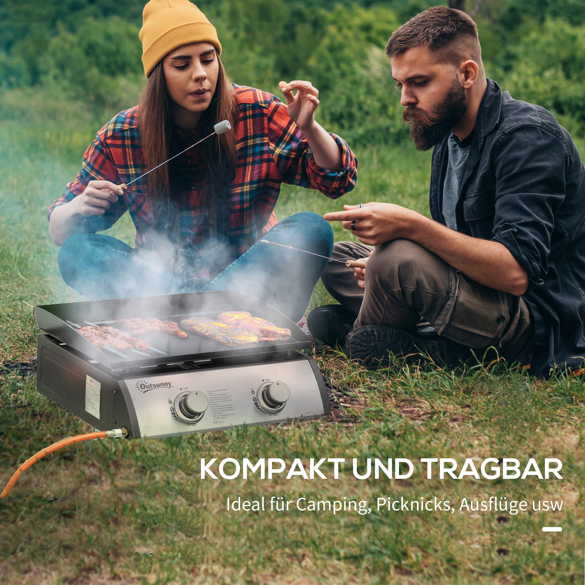 Gasgrill mit 2 Brennern, Schlauch, Antihaft-Grillplatte, Edelstahl, Farbe: Silber, 48,5 x 48 x 21 cm