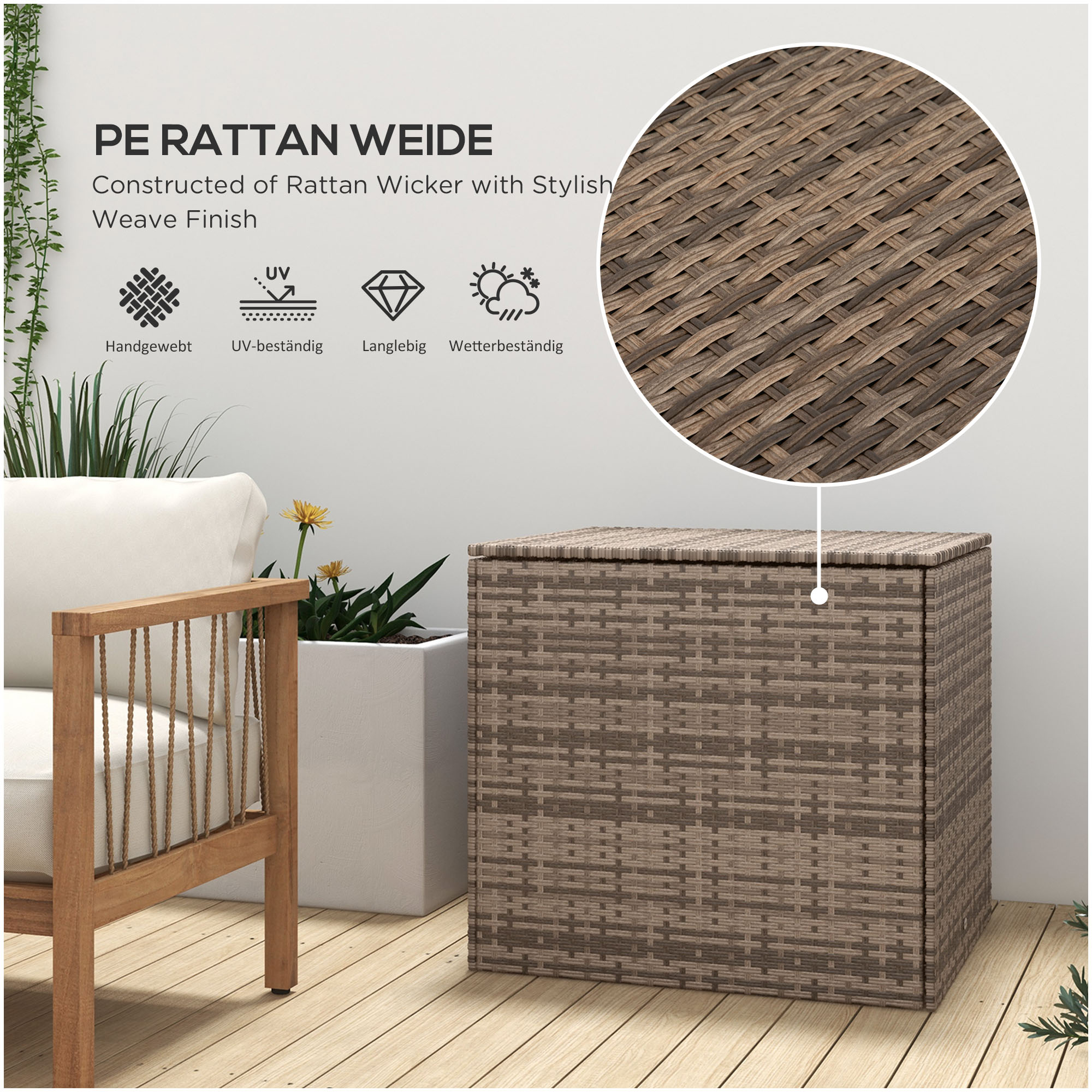 Polyrattan Auflagenbox, Stoff-Innenauskleidung, leichtes Öffnen/Schließen, Metallrahmen, 75B x 75T x 70H cm, Schwarz
