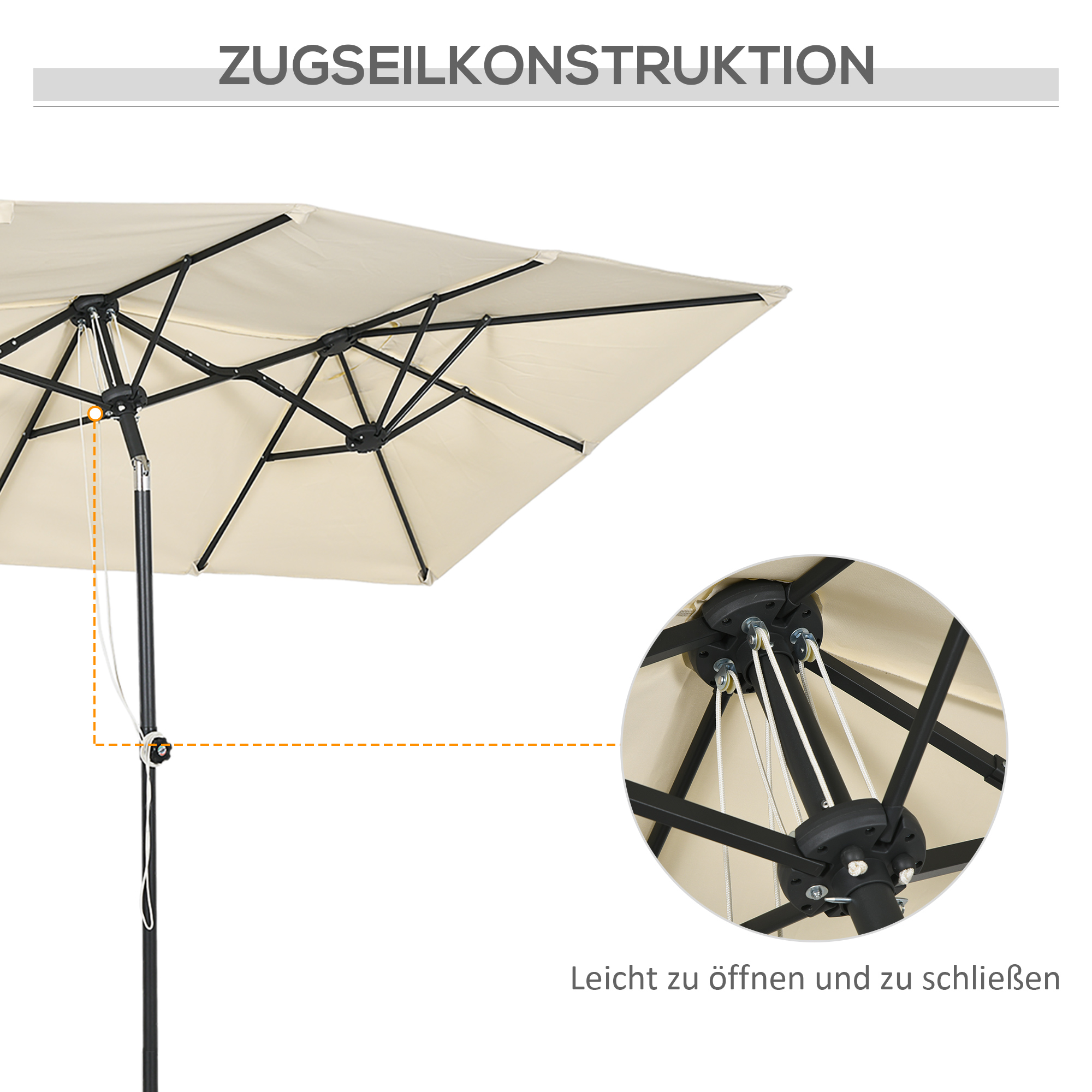 großer Sonnensschirm, höhenverstellbar, neigbar, 150x295x170-214 cm, Creme