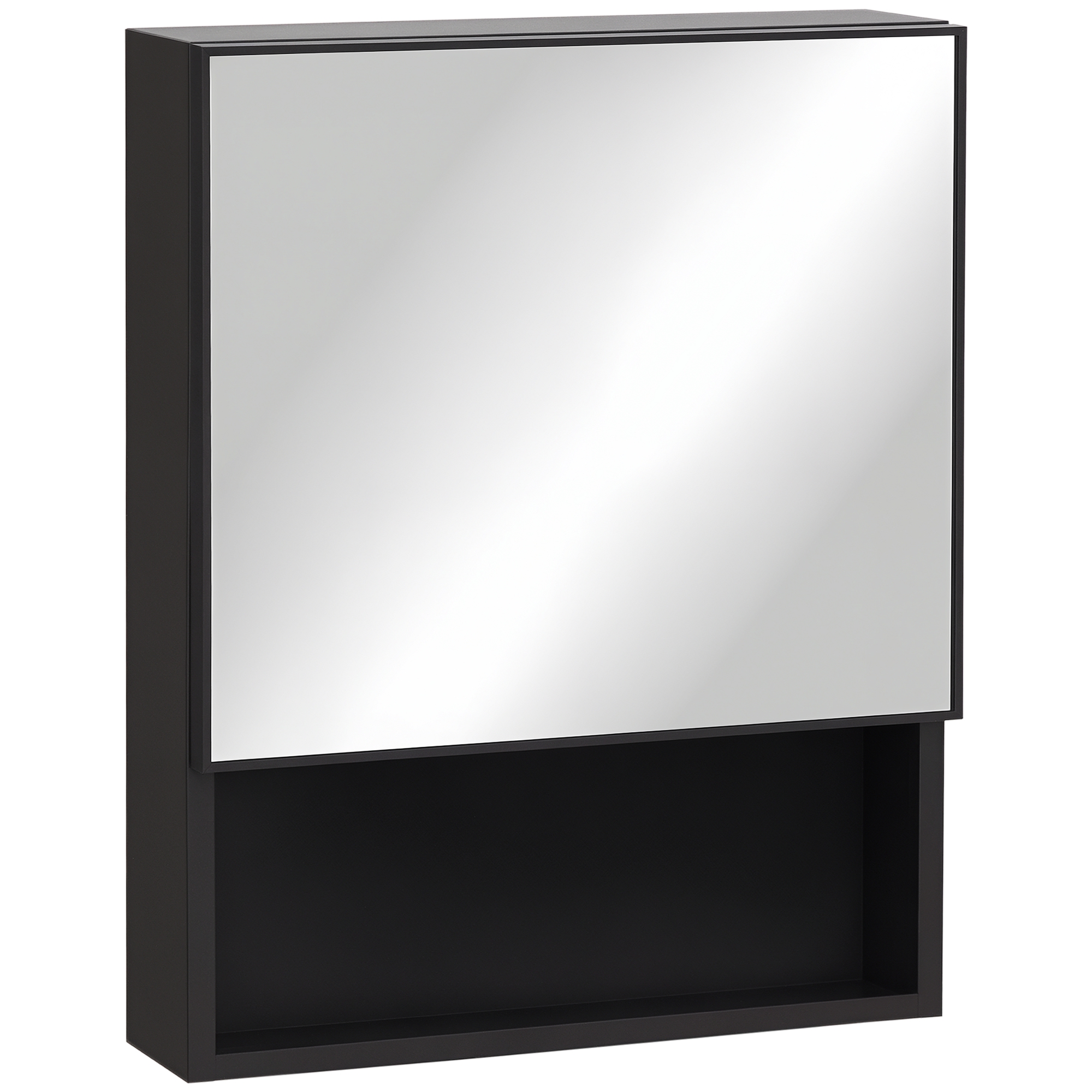 Spiegelschrank, 2 Innenböden, offenes Regalfach, Stahlgehäuse, schwarz, 46 x 13,5 x 58 cm