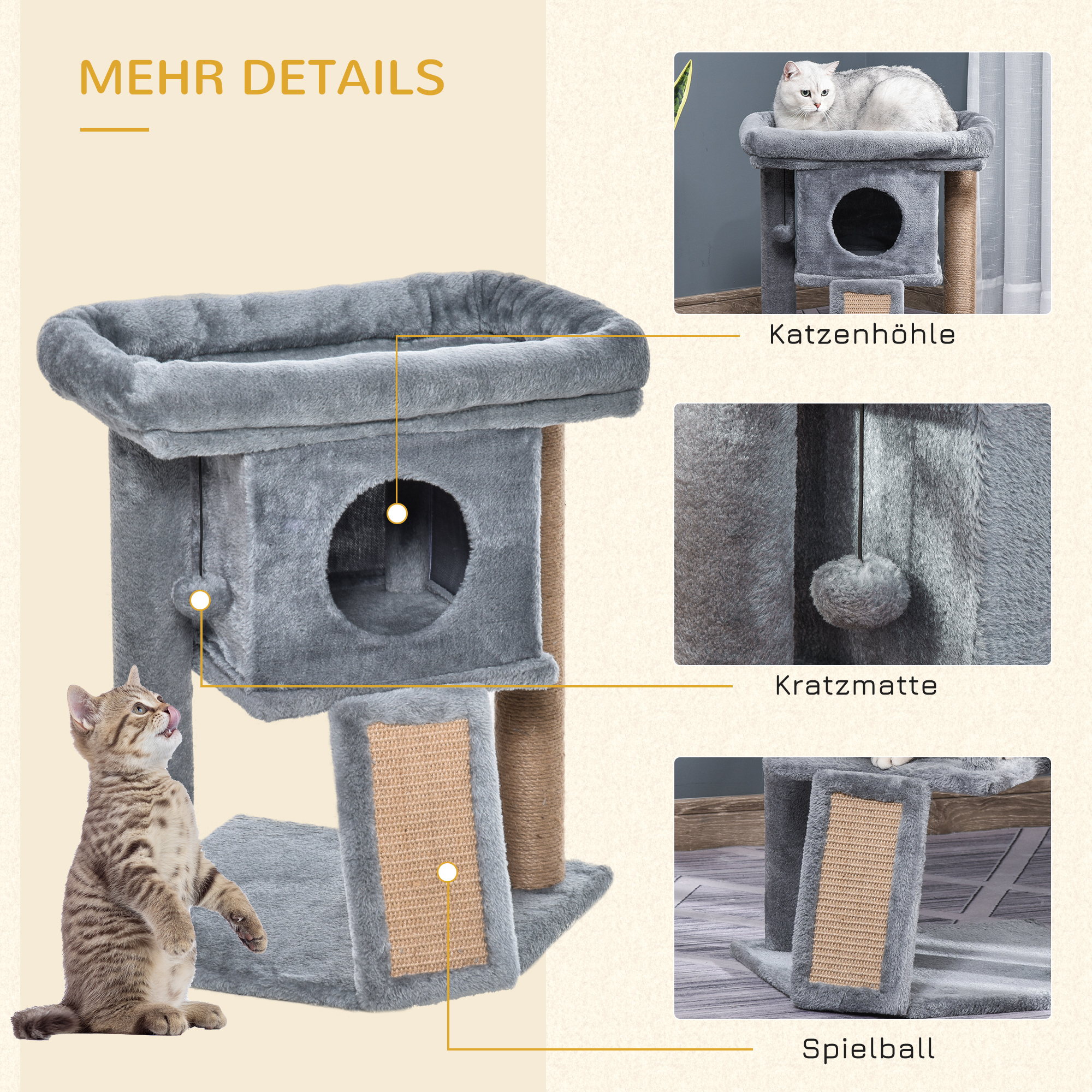 Kratzbaum 57 cm Kleiner Katzenbaum mit Katzenhöhle, Liegeplattform, Katzenkratzbaum mit Kratzbrett, Spielball, Katzenmöbel für Katzen bis 5 kg Hellgrau