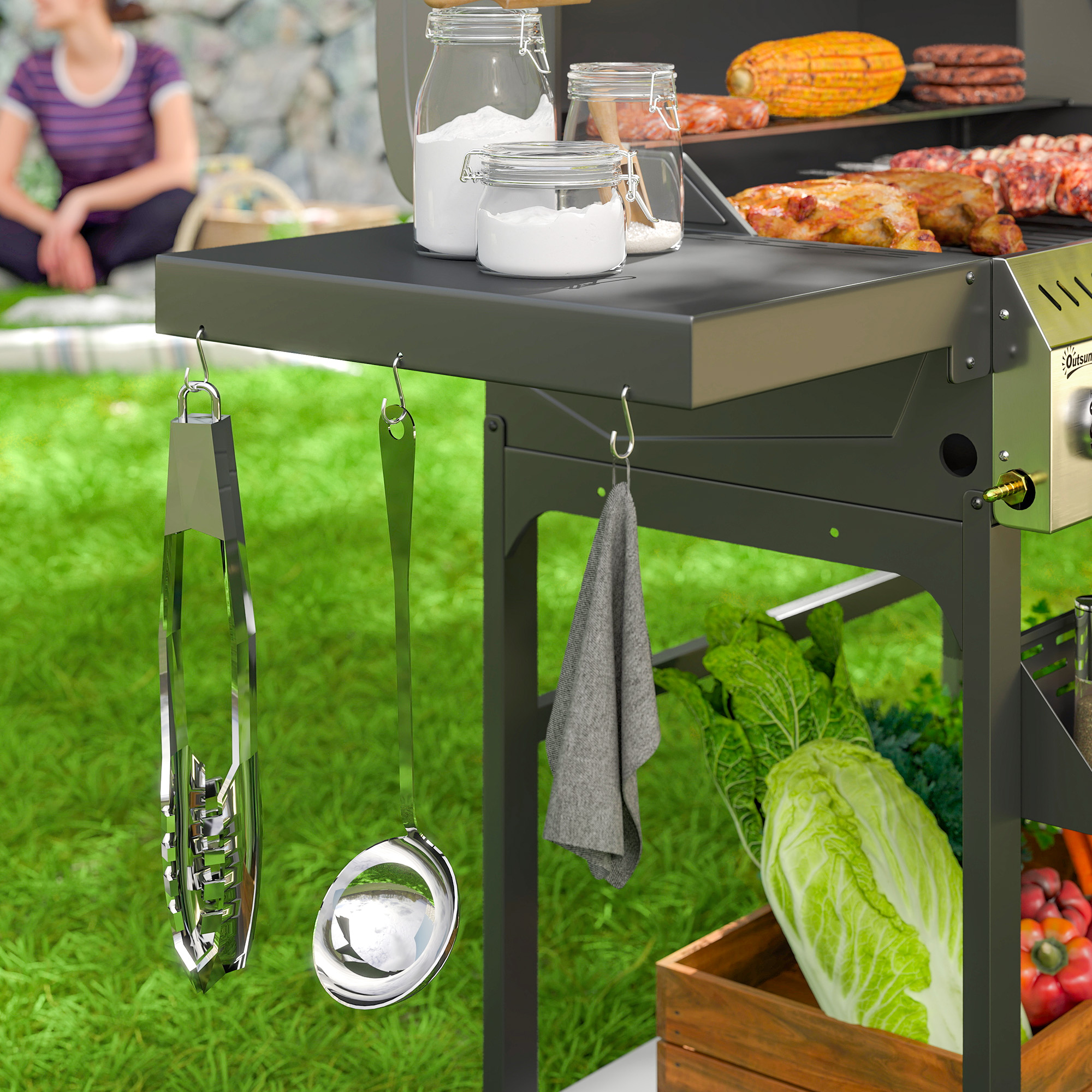 Gasgrill, BBQ-Grill, 4 Hauptbrenner, 1 Seitenkocher, 1 Warmhalteplatte; 135 x 55 x 103 cm, Schwarz