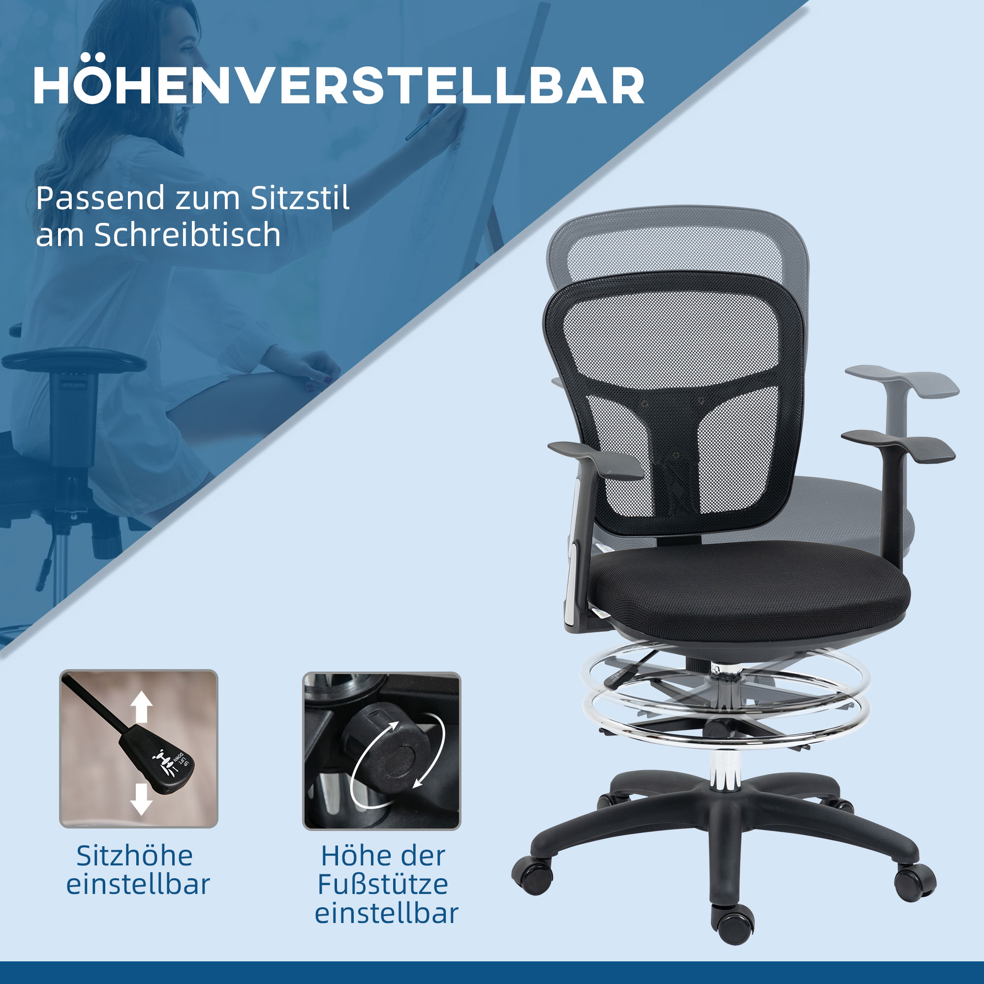 Zeichenstuhl Schreibtischstuhl Computerstuhl, inkl. Fußstütze, höhenverstellbar, 59 x 59 x115 cm, Schwarz