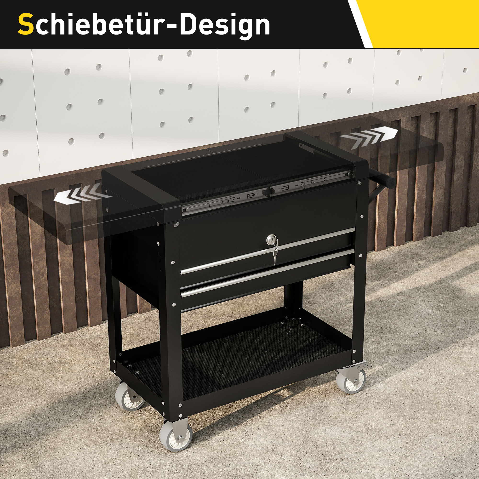 Rollender Werkzeugschrank, Werkzeugkasten mit Schubladen, Arbeitsfläche, verschließbar, mit Griff, Stahl, Schwarz