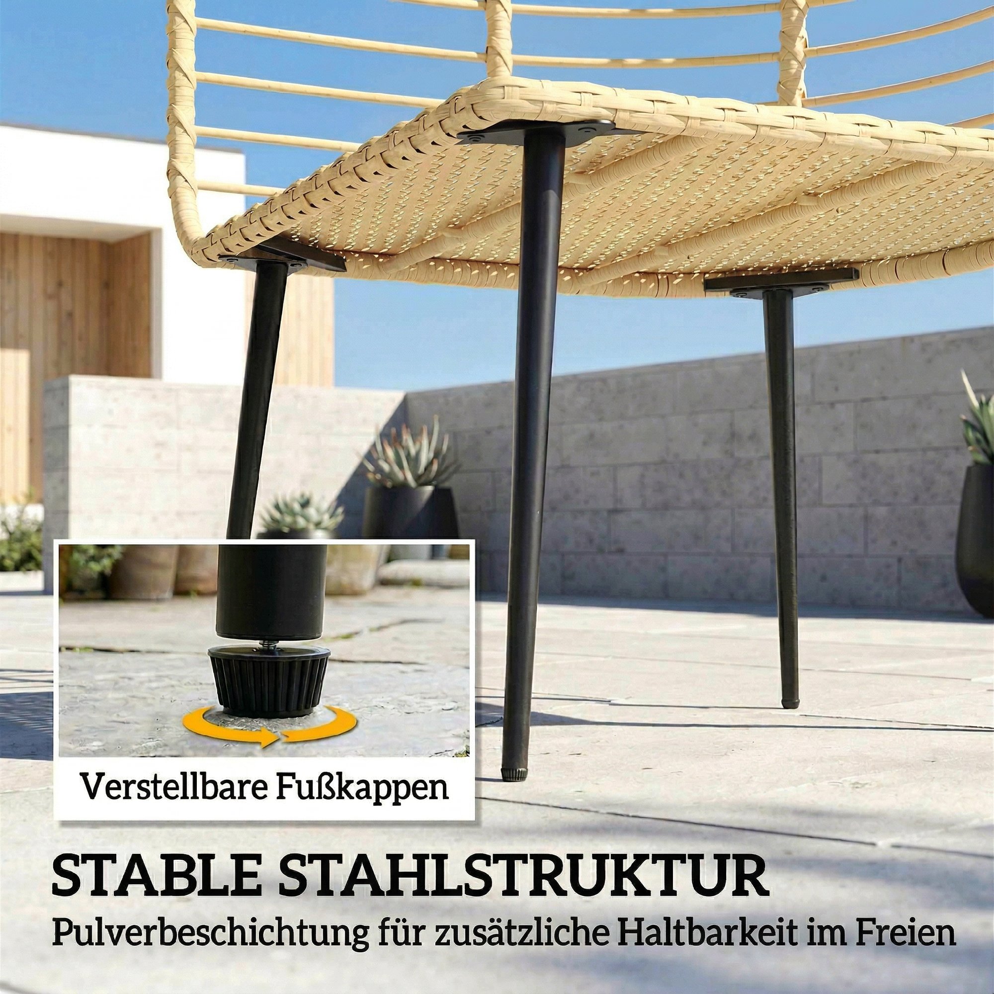 Gartensessel mit Hocker PE Rattan Ei-Form Korbsessel mit langen & dicken Kissen Metallrahmen Beige
