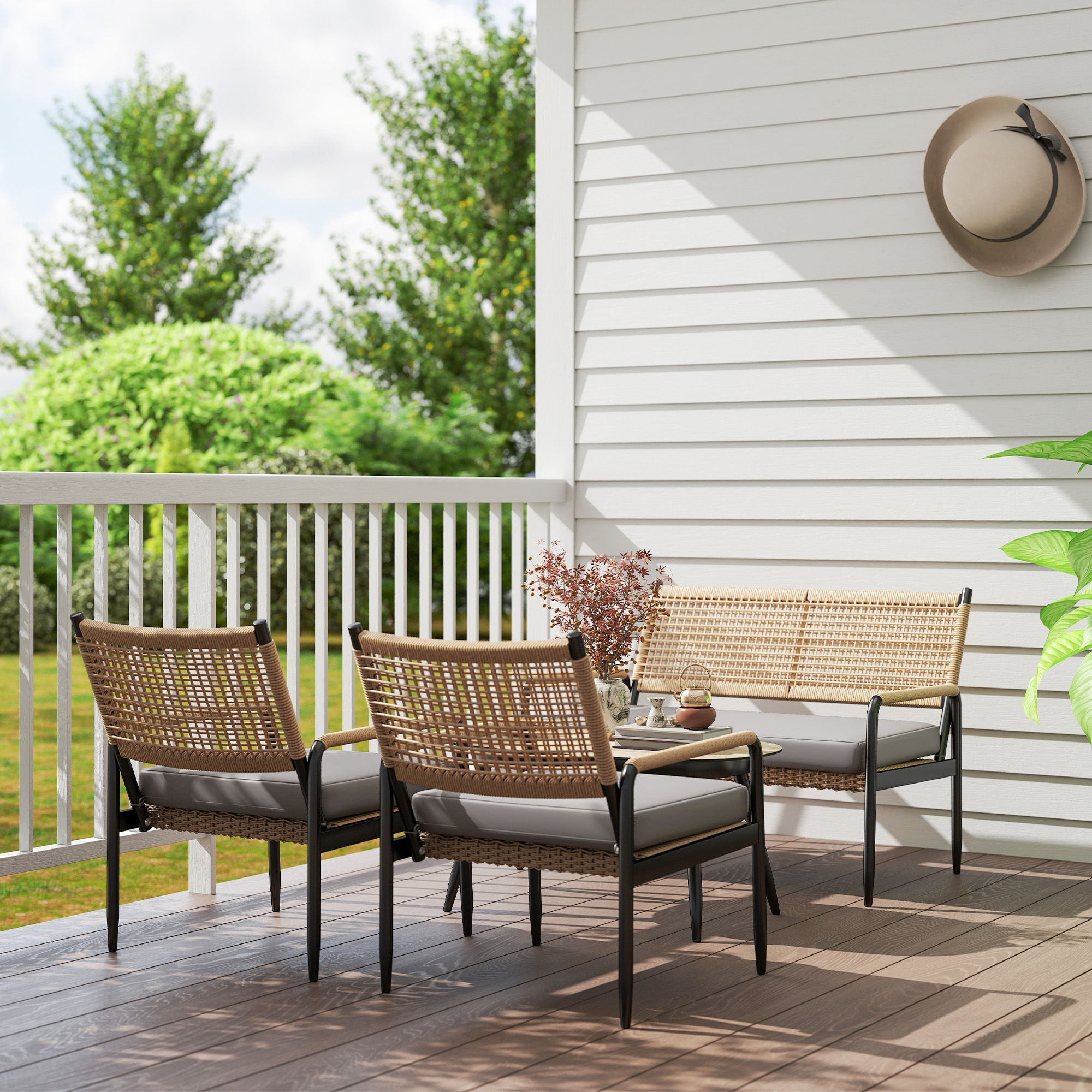Gartenmöbel Set aus Polyrattan Lounge-Set mit 2er Sofa Sessel Glastisch Kissen für 4 Personen Dunkelgrau+Gelb