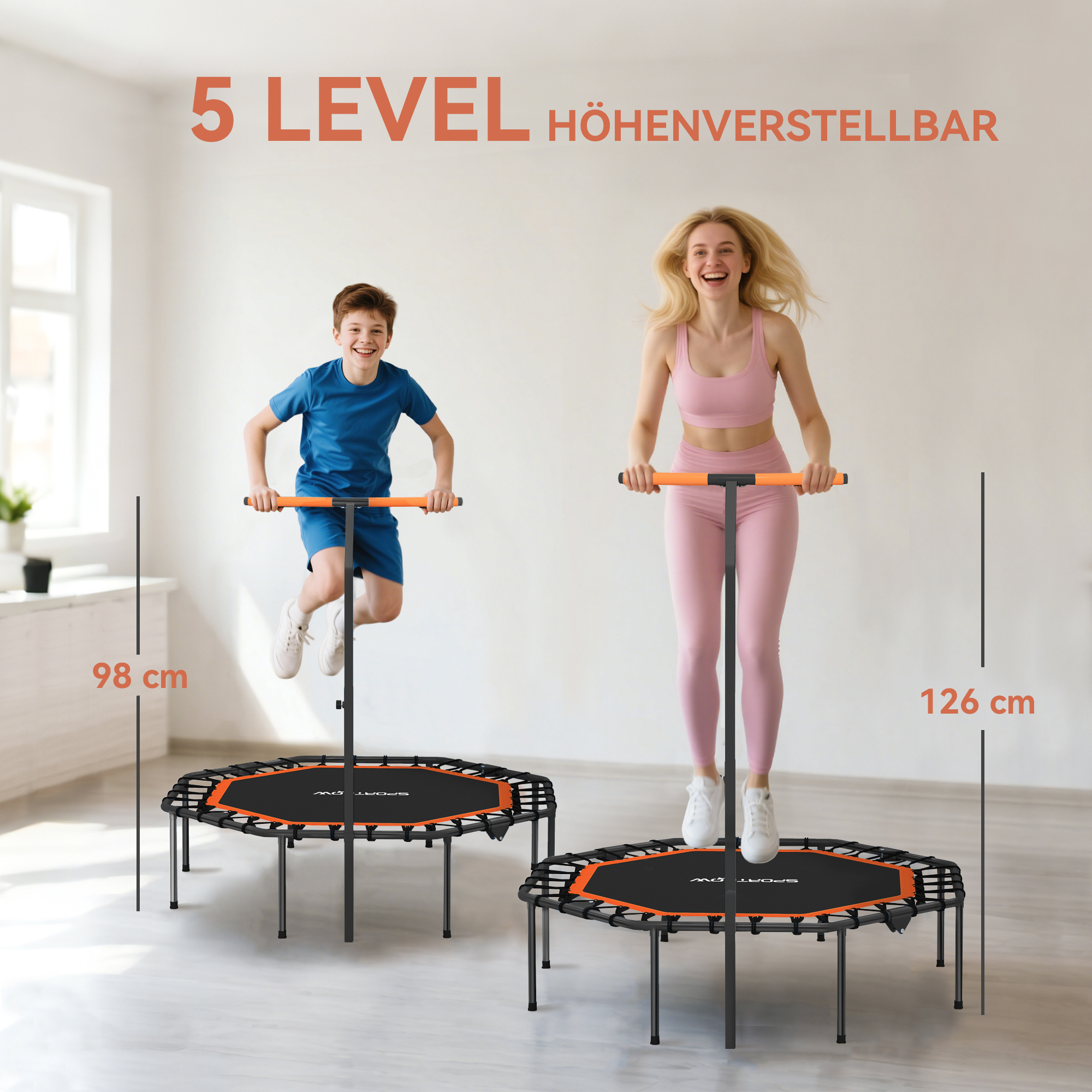 Fitness-Trampolin, Trainingstrampolin mit verstellbarem Haltegriff, stabil und leise, für drinnen, Stahl, Orange