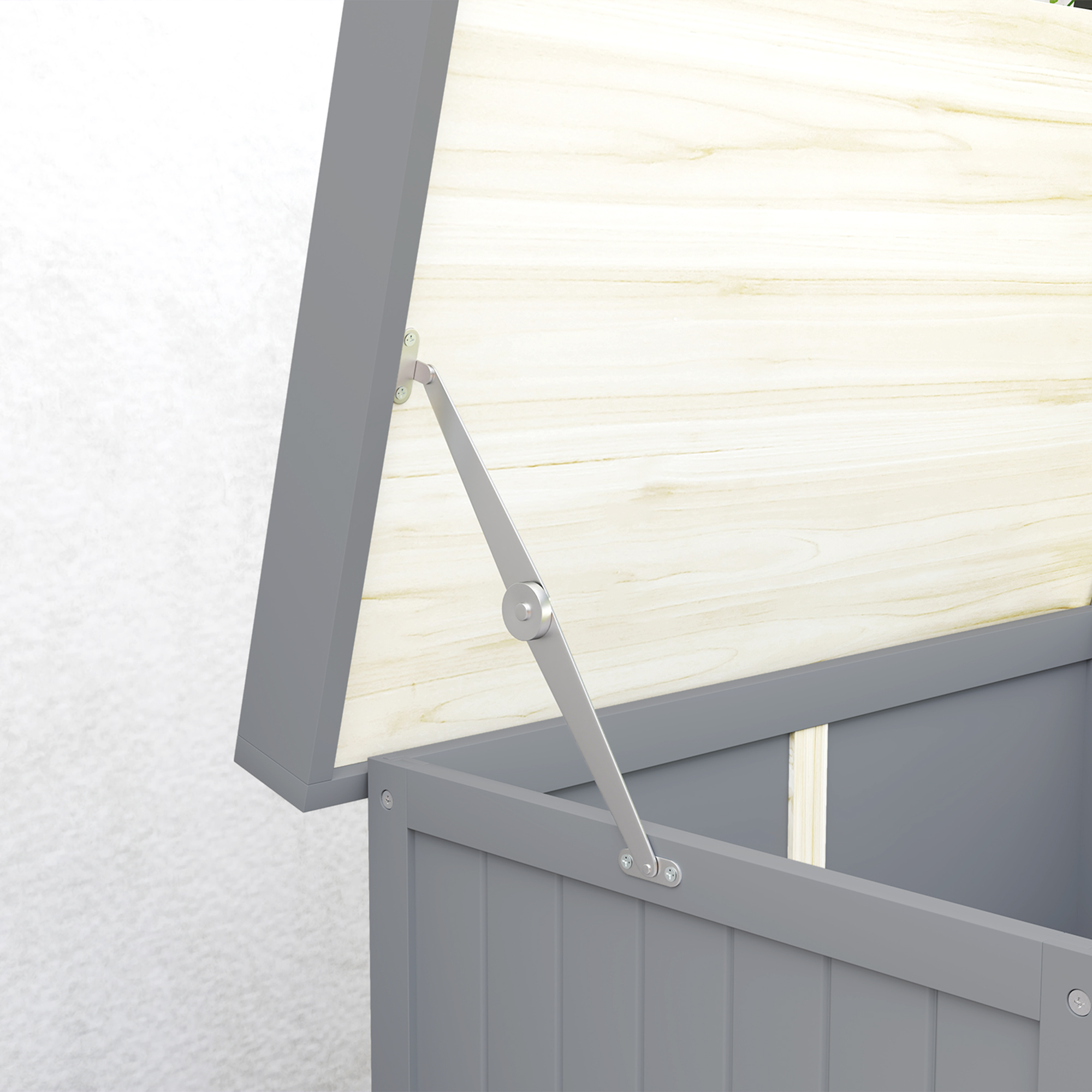 Gartenschrank, Werkzeugschrank für den Außenbereich, mit Arbeitsfläche, Holz und Edelstahl, Doppeltüren, Grau