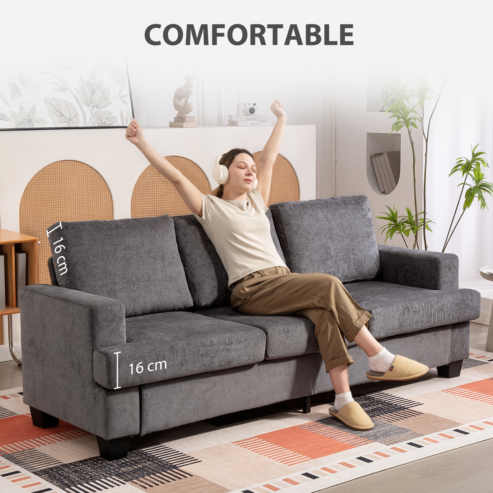3-Sitzer-Sofa, Wohnzimmersofa für 3 Personen, Stoffbezug, Stahlrahmen, Polstersofa, Grau