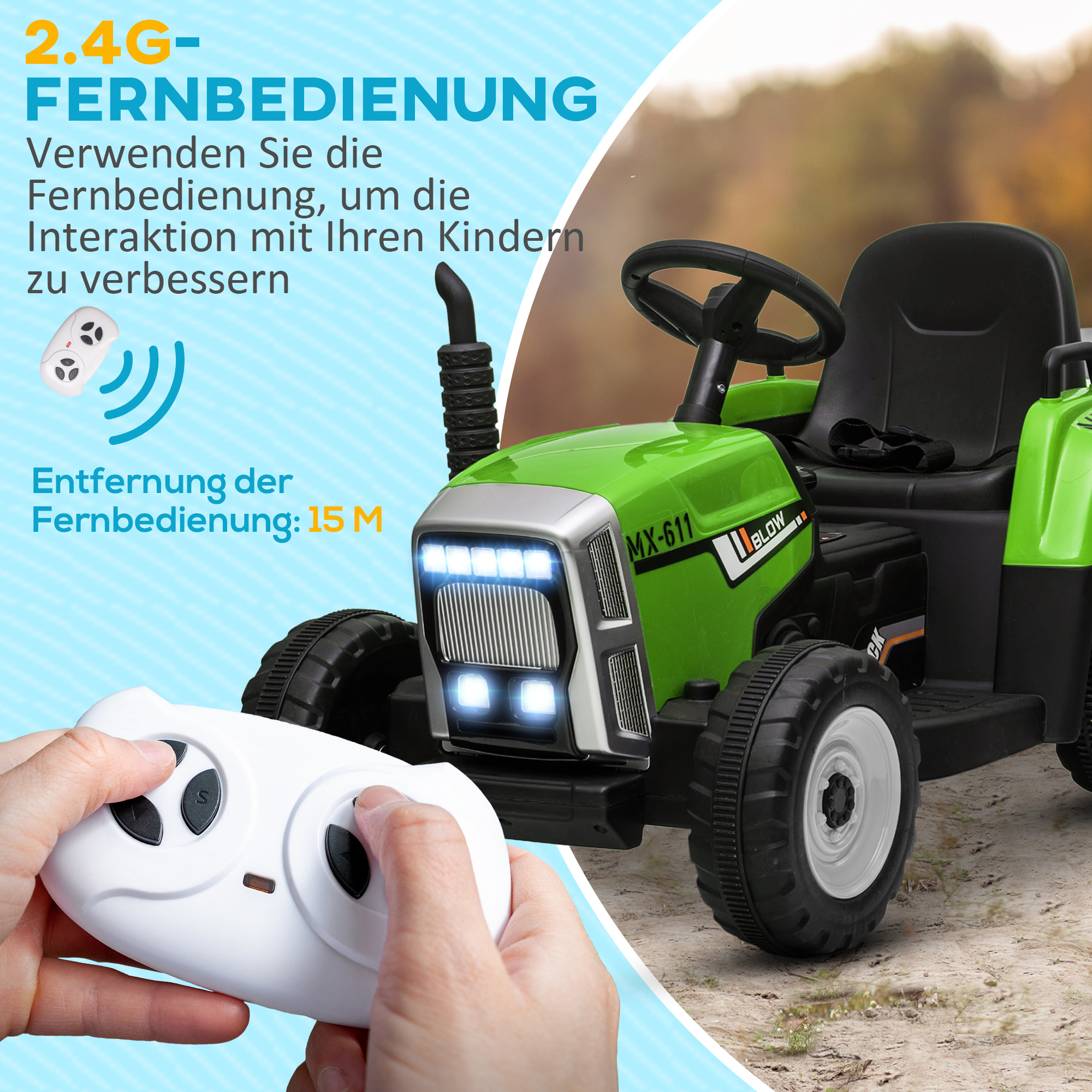 Kinderauto, Kinder-Traktor, inkl. Eltern-Fernbedienung, max. Geschwindigkeit von 6 km/h;, Grün + Schwarz