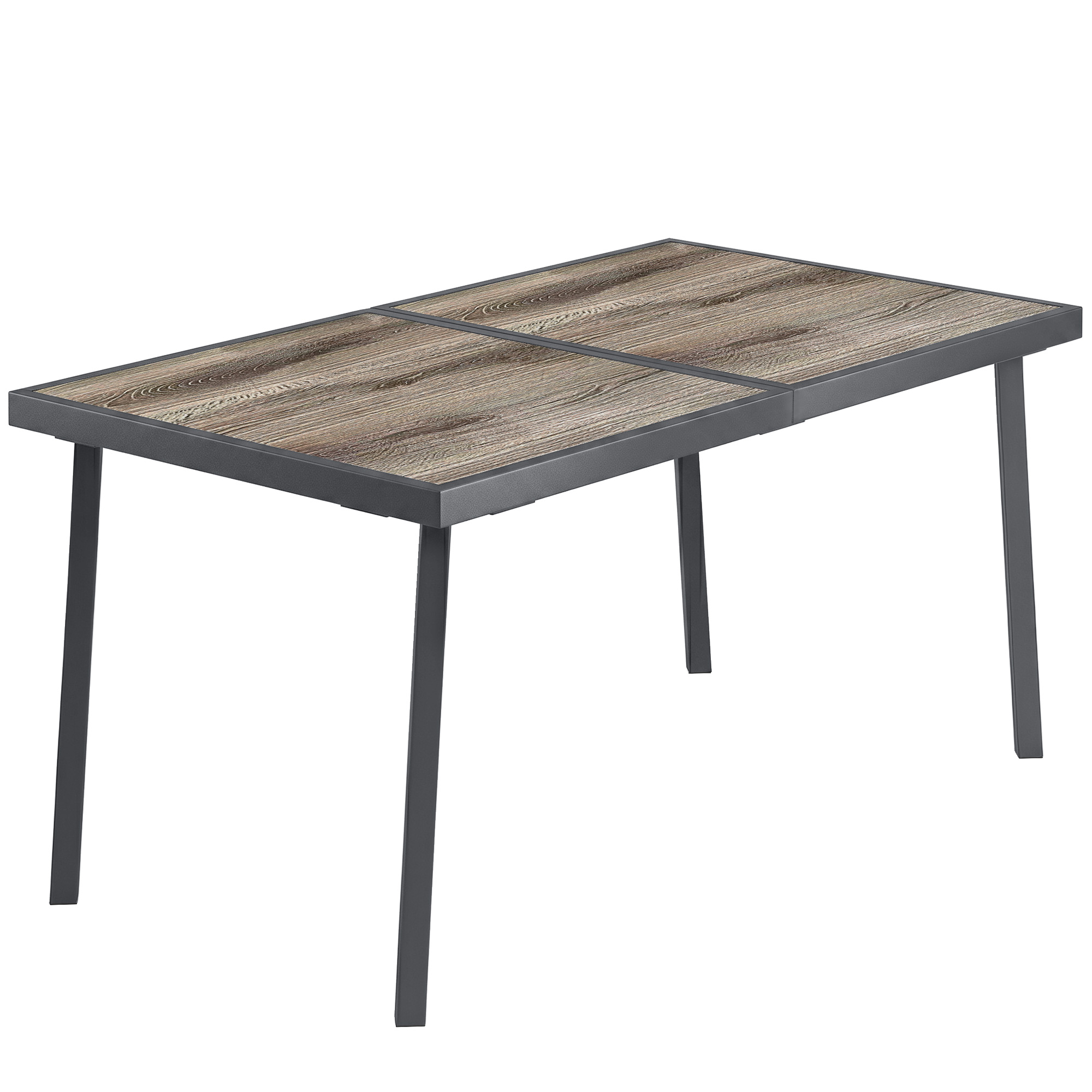 Outdoor Tisch für 6 Personen, Holzoptik, Metallrahmen, wetterfest, 145 x 85 x 72 cm, Grau