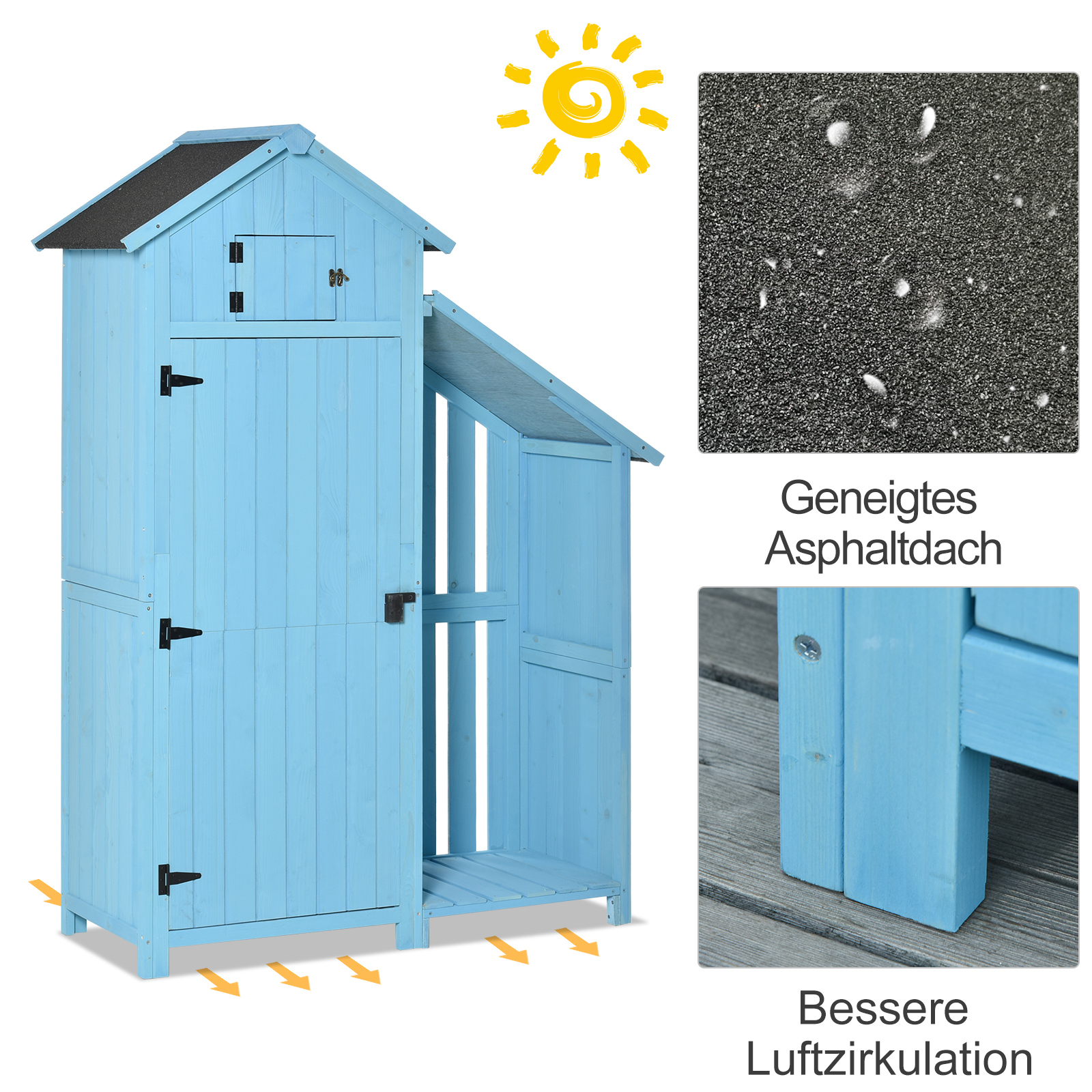 Gartenhaus Gerätehaus Geräteschuppen mit Brennholzlagerraum Geräteschuppen mit 3 Ablagen Asphaltdach Tannenholz Himmelblau 130 x 54,5 x 180 cm