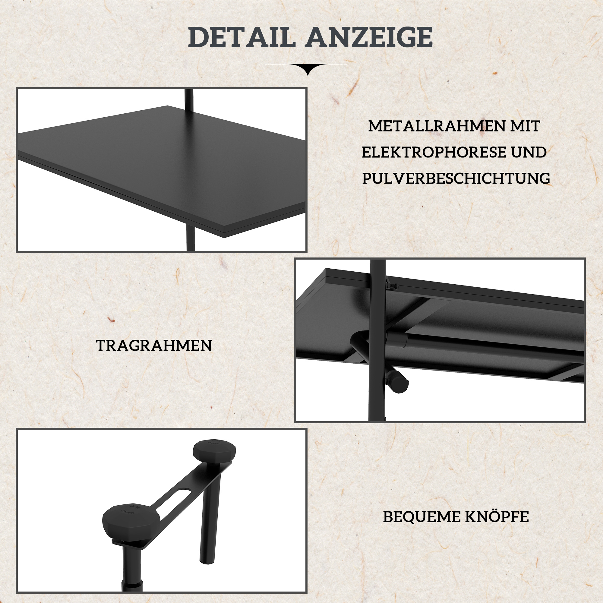 Balkontisch, für Geländer 6-15cm Dicke, verstellbar, klappbar, rostfreies Metall, 62x60x85,5cm, Schwarz