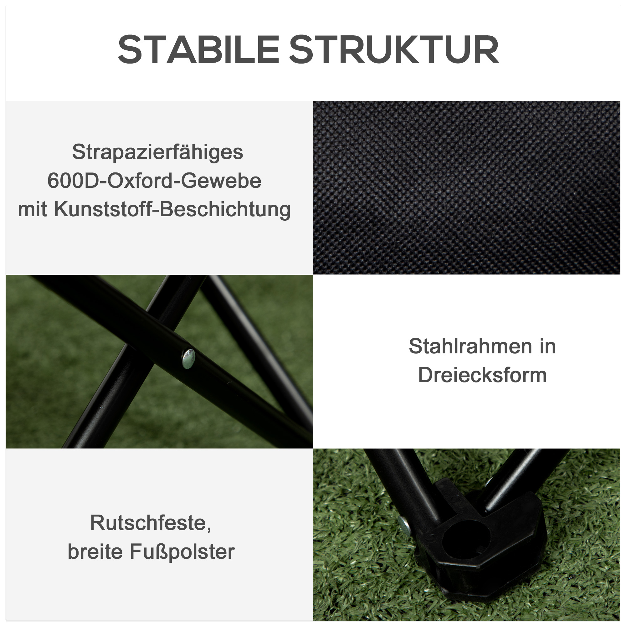 Campingstuhl, faltbar, Stahlrahmen, Stoffsitz, Tragetasche, Schwarz