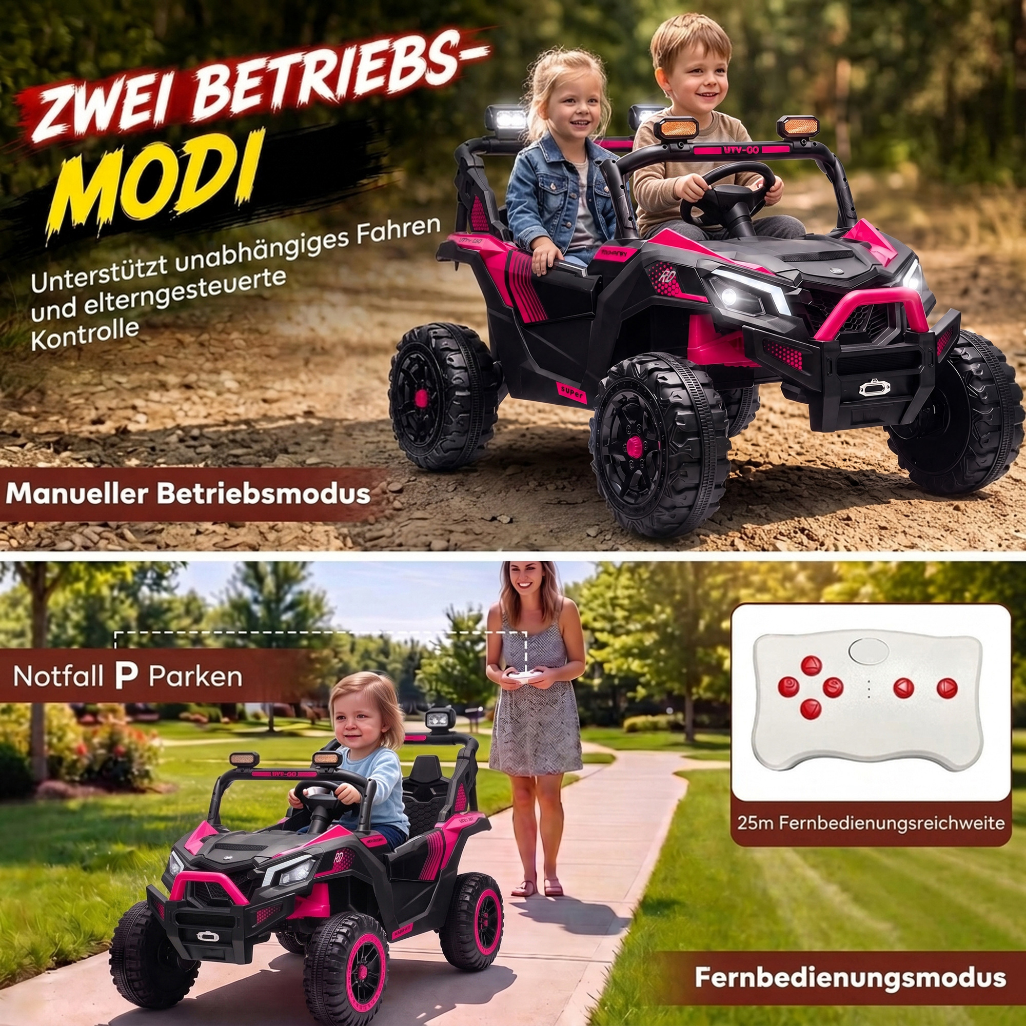 Kinder Elektroauto 24V 2 Sitzer Kinderauto UTV mit Lithium-Akku 2,4 GHz Fernbedienung 2 x 120W Motoren Softstart