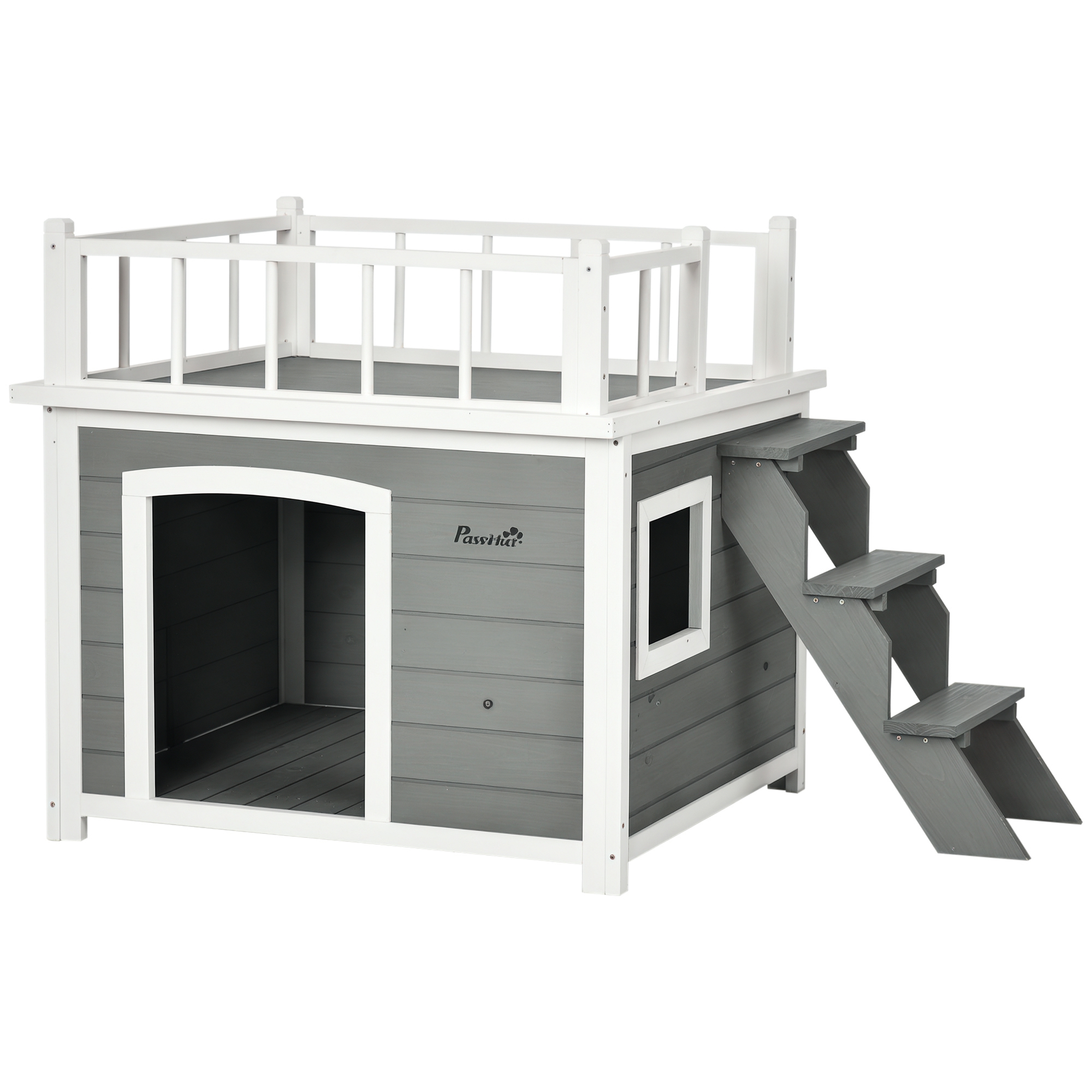 Hundehütte, Dachterrasse, Treppe, Fenster, Bodenabstand, Naturholz, hellgrau, 121 x 77 x 78cm