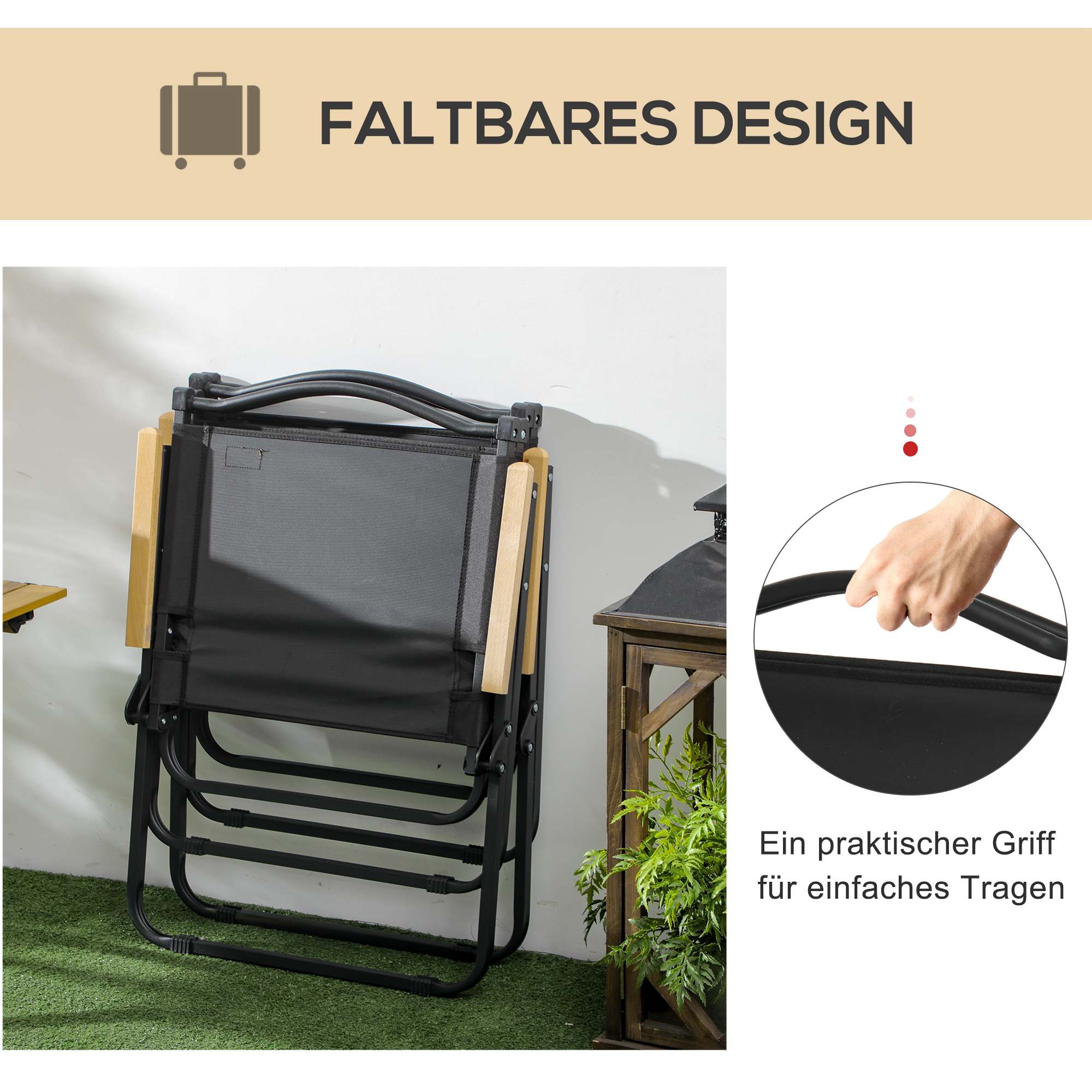 Campingstühle, 2 x Strandstuhl, faltbar, Stahl, Holzoptik, Schwarz