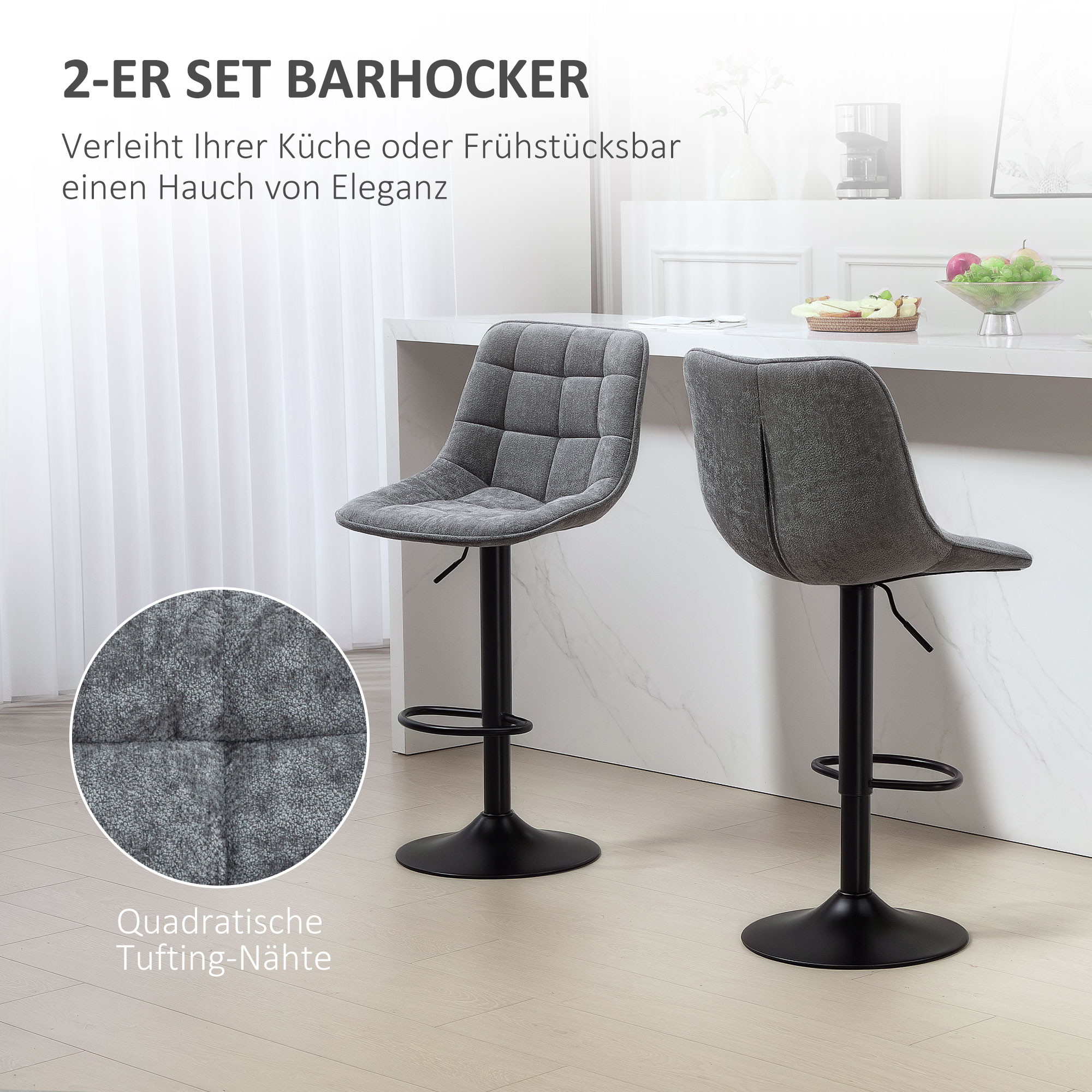 Moderner Barhocker, 2er-Set drehbare Barstühle mit Rückenlehne, höhenverstellbar, mit Fußstütze, gepolstert, Dunkelgrau
