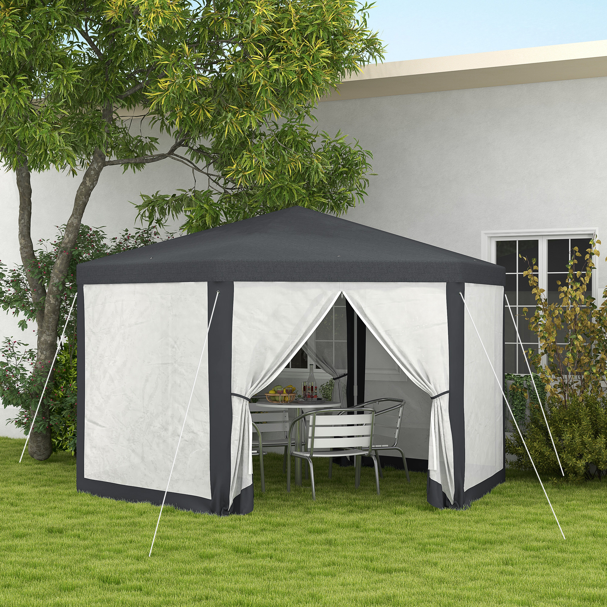 Gartenpavillon, 6-eckig, Netzvorhänge, Metallgestell, 3,94x3,412x2,5m, Dunkelgrau