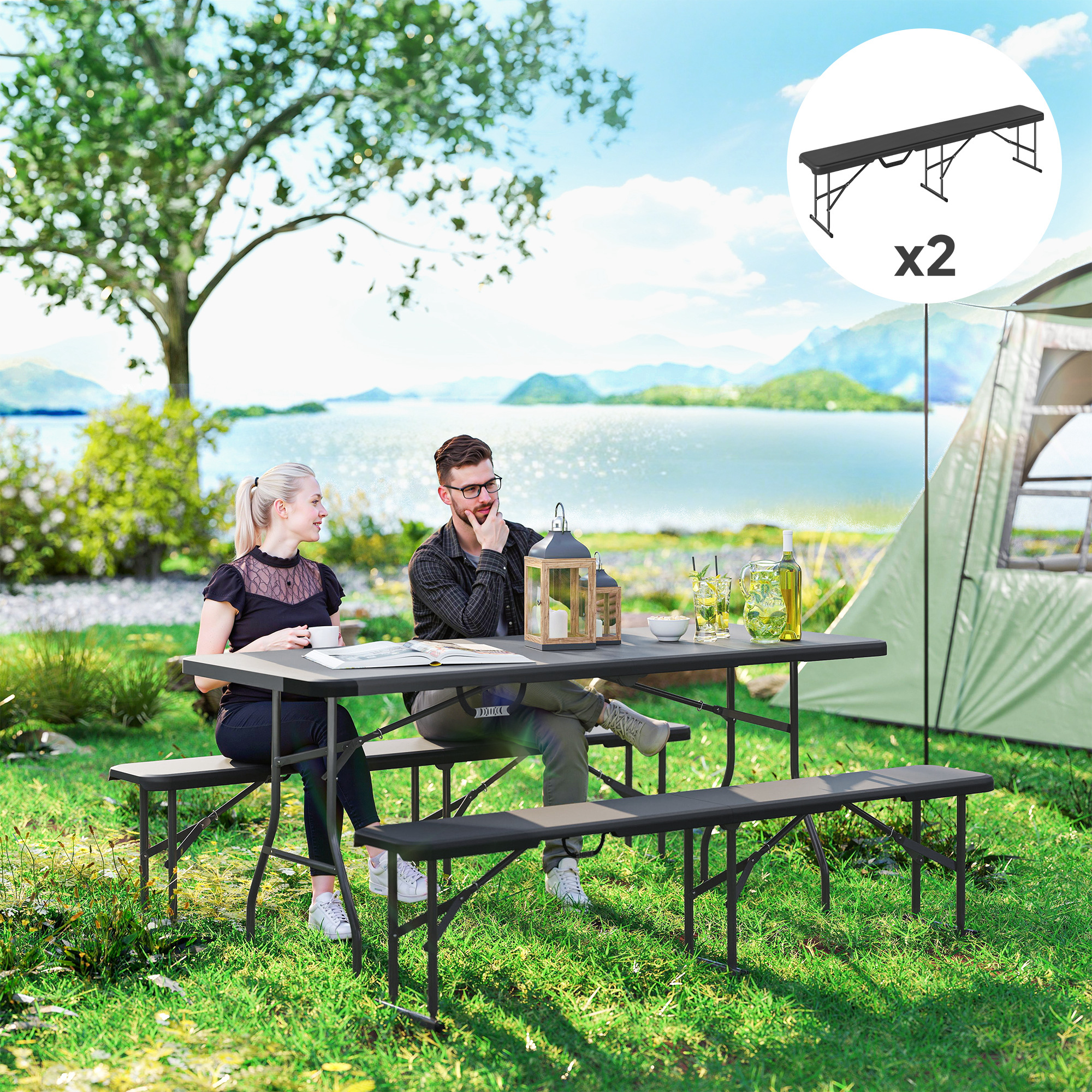 Campingbank, Kunststoff-Outdoor-Bank, 240 kg Belastbarkeit, Schwarz