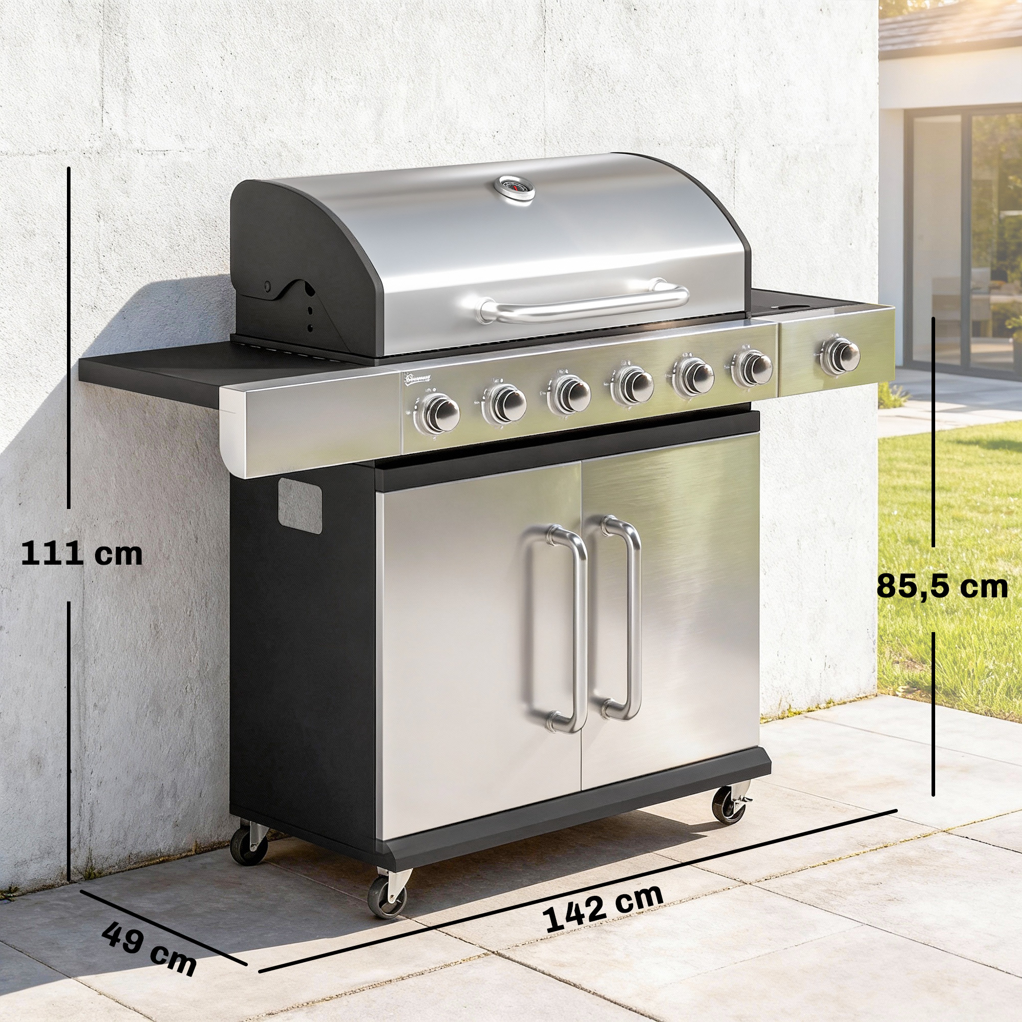 Gasgrill 18,6 KW 6+1 Brenner BBQ Grillwagen aus Edelstahl inkl Rolle Thermometer Warmhalterost Seitentisch Unterschrank