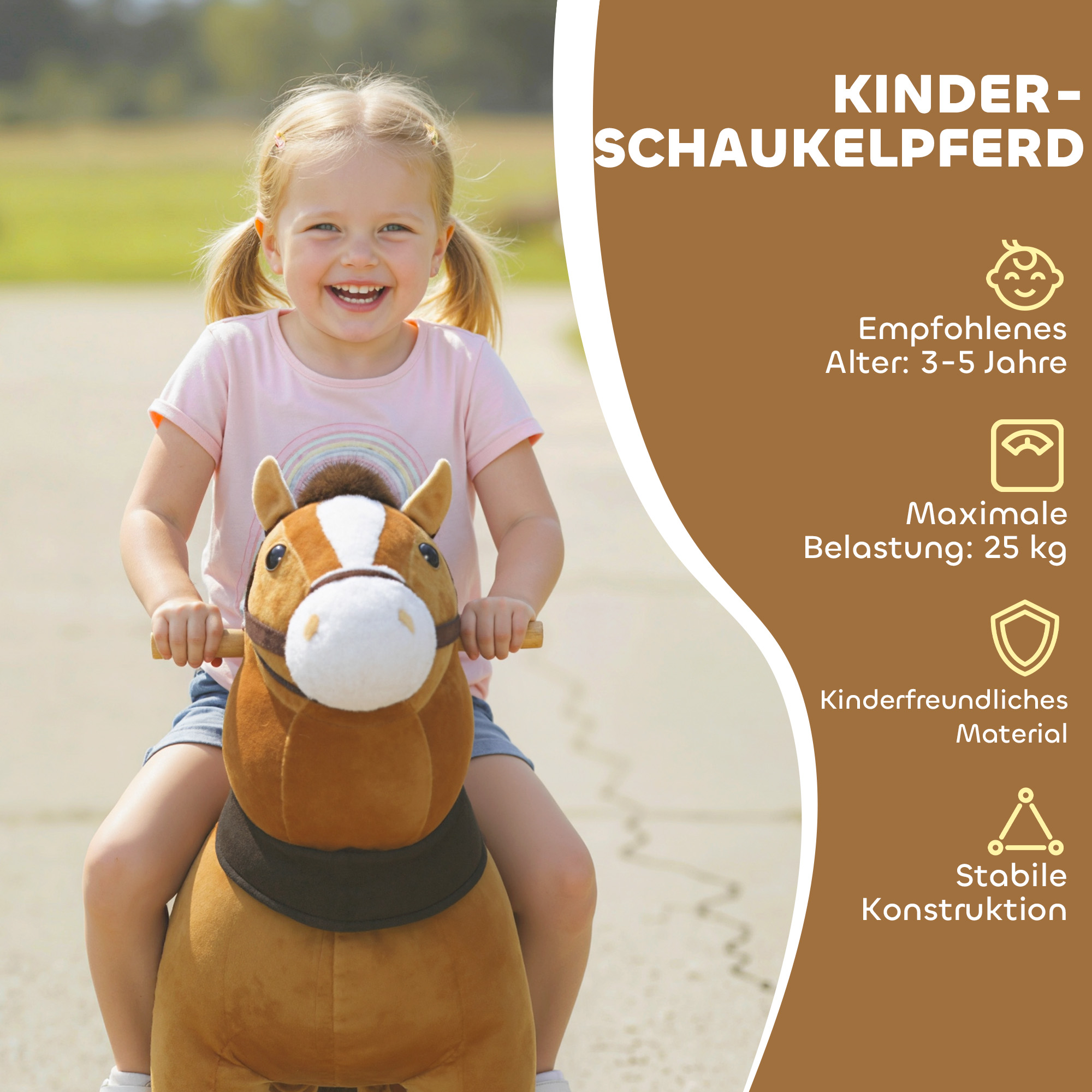 Reitpferd für Kinder, Stoffbezug, stabiler Rahmen, sanfte Räder, Schaukelpferd, 3-5 Jahre, Dunkelbraun