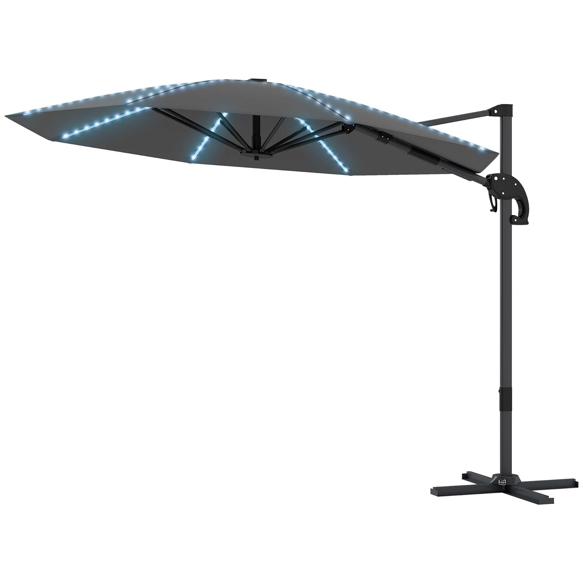 Alu Ampelschirm LED Solar Ø300 cm höhenverstellbar Sonnenschirm mit Kurbel Ständer UV50+ Dunkelgrau
