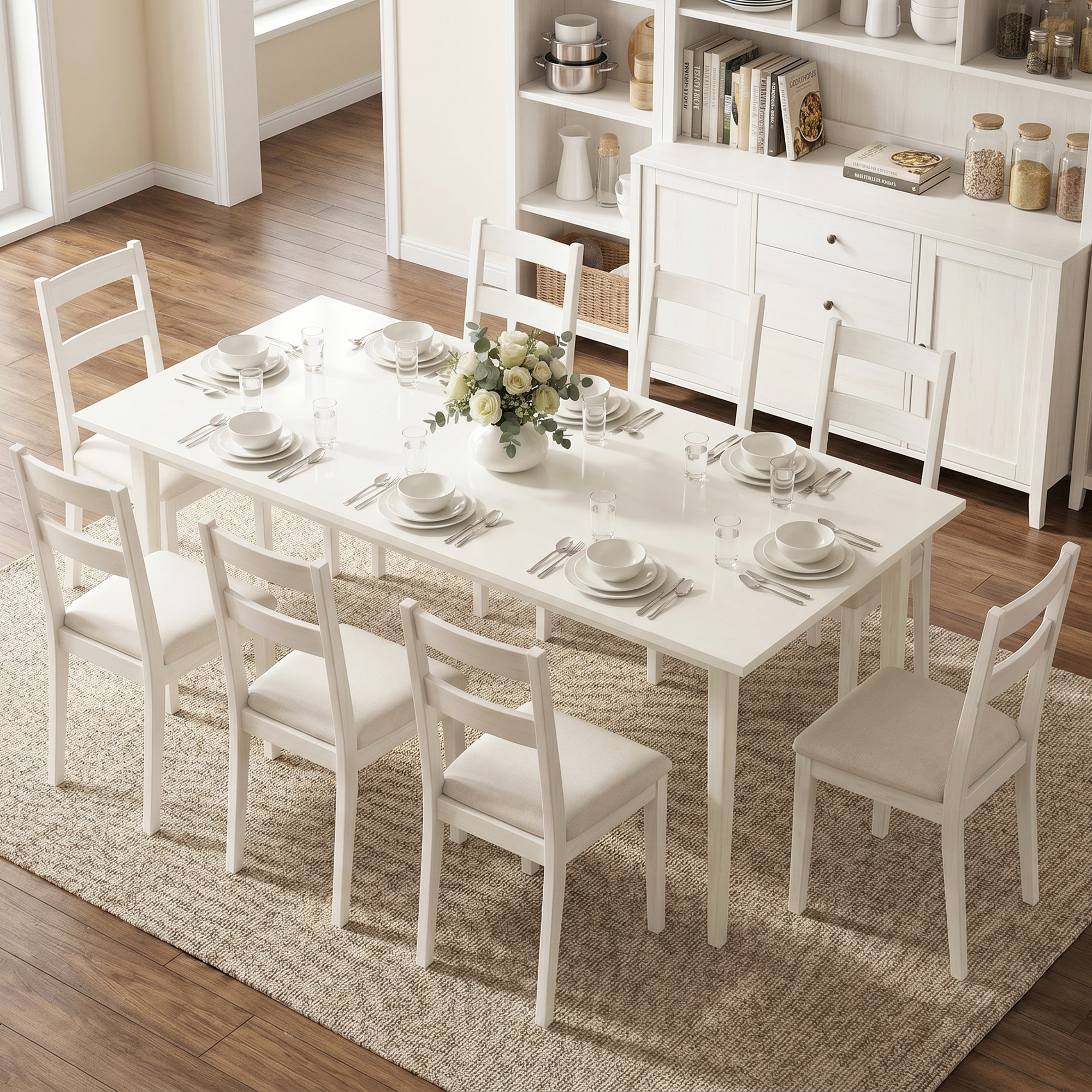 Esstisch für 8 Personen, Moderner Küchentisch mit Massivholzbeinen, 180 cm, Creme
