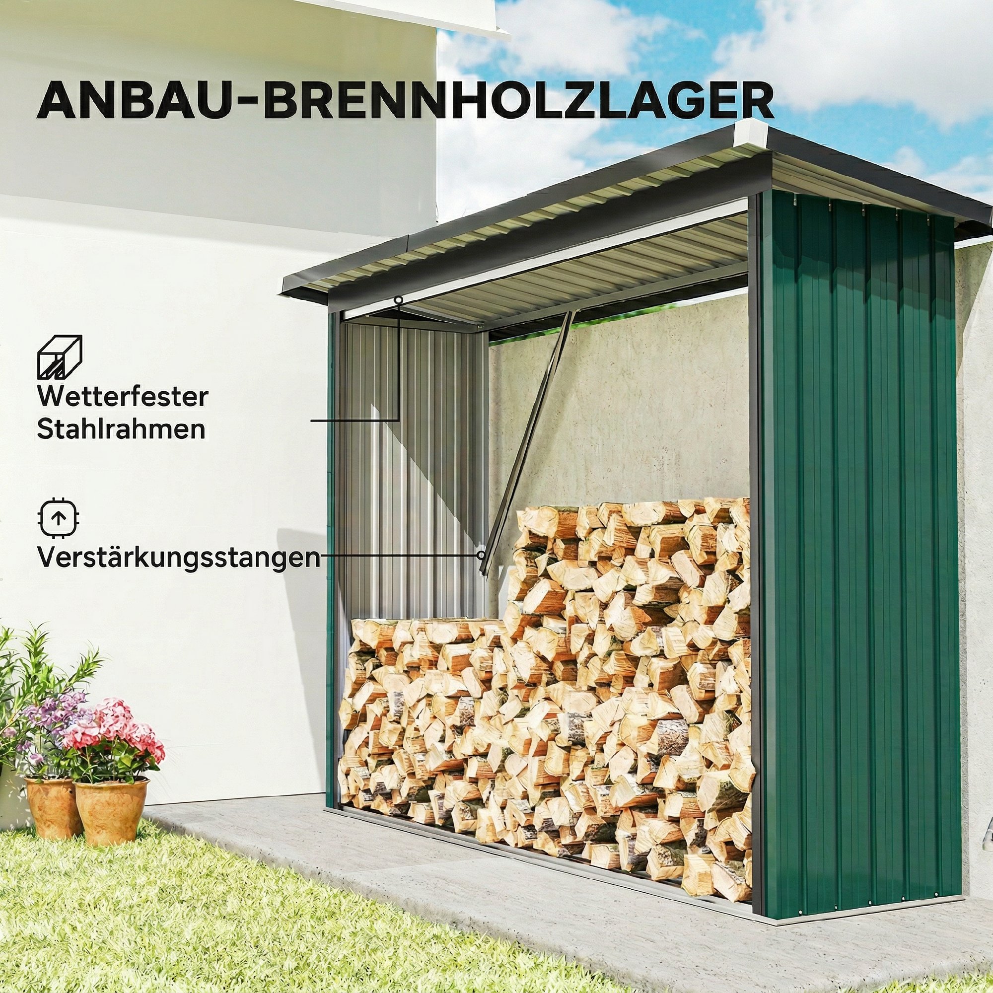 Brennholzschuppen, Feuerholzunterstand, Stahl, erhöhter Boden, Schrägdach, 213 x 66,5 x 150 cm, Grün