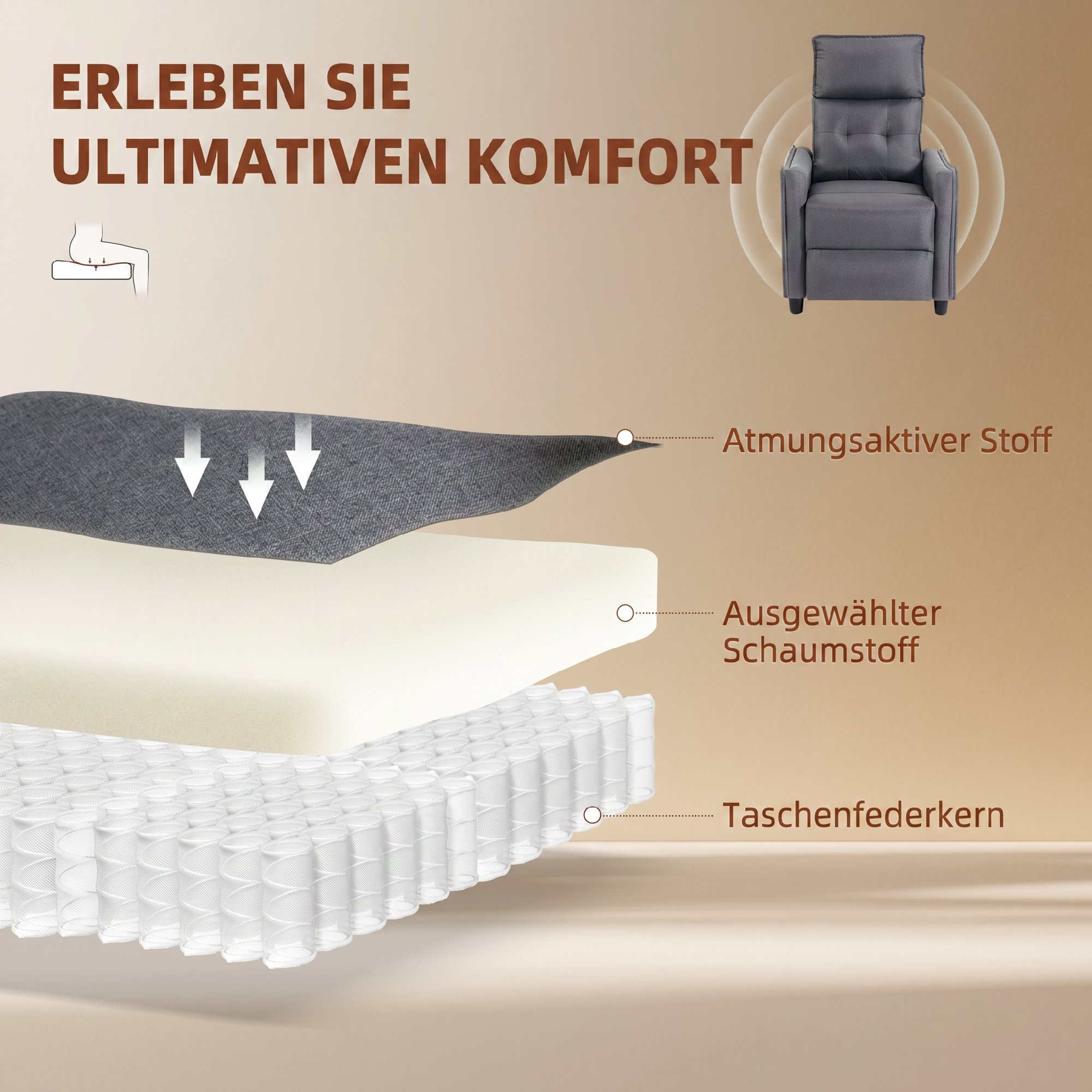 Relaxsessel mit Vibrationsmassage, Leinen-Optik, zurückklappbar mit Federpolsterung, Fußstütze, Grau