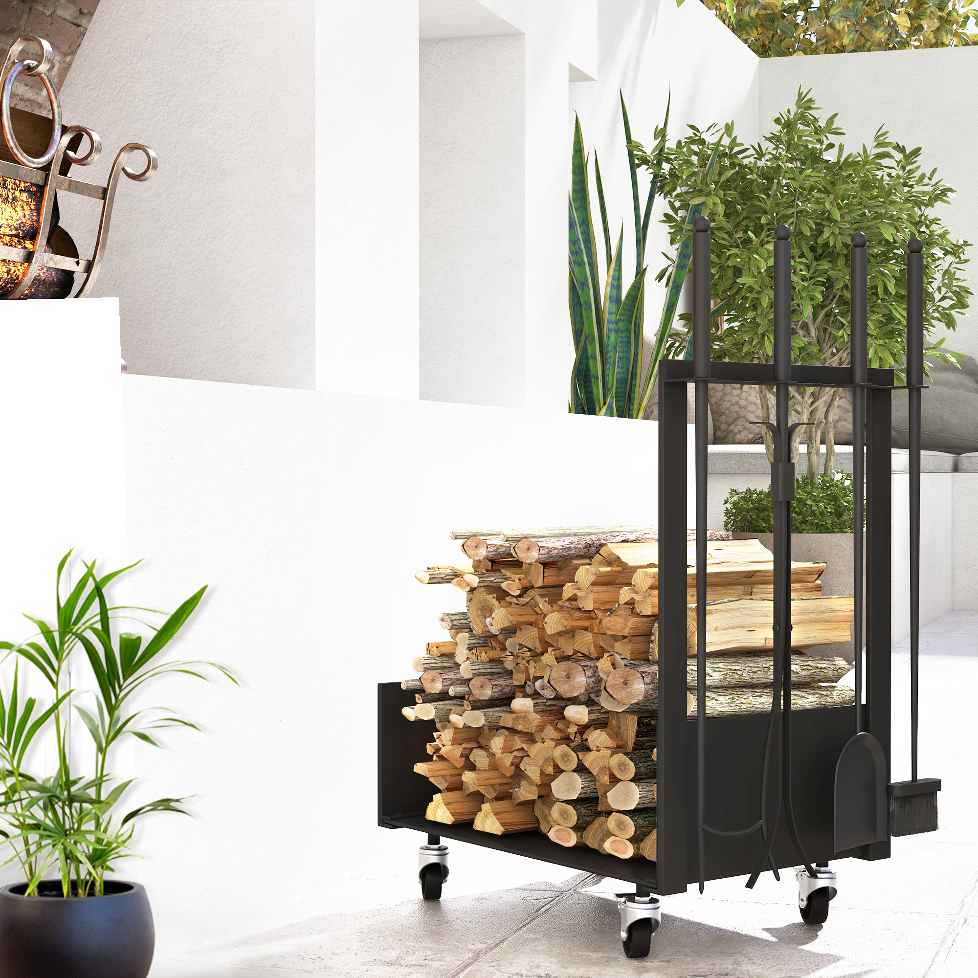 Feuerholzgestell mit Rädern, viel Zubehör, Metallrahmen, bis 60 kg, 48 x 30 x 76 cm, Schwarz
