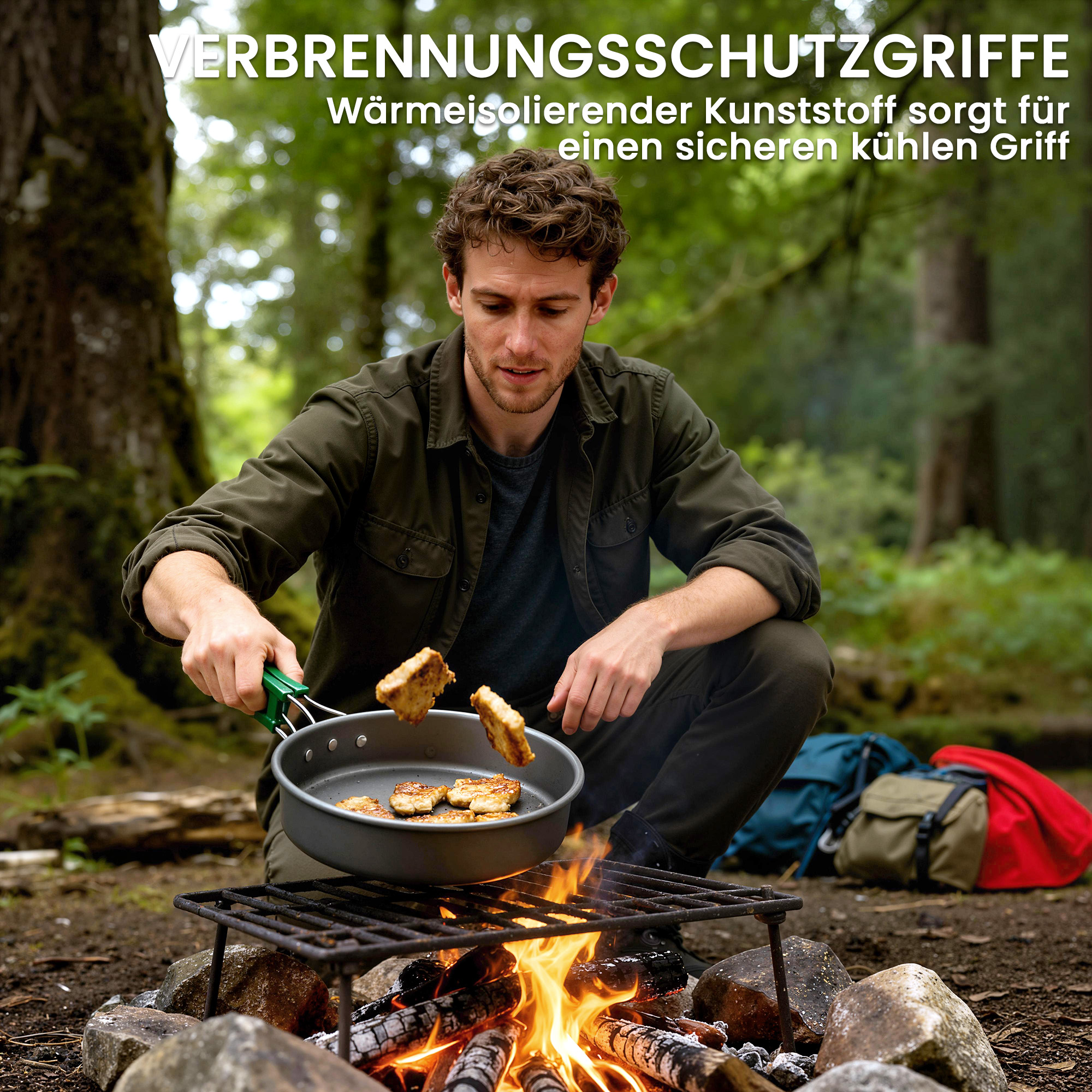 Camping Kochgeschirr Set 5-teiliges Outdoor Geschirr Set mit Anti-Verbrühungsgriffen Topf Pfanne für 4-5 Personen Grau