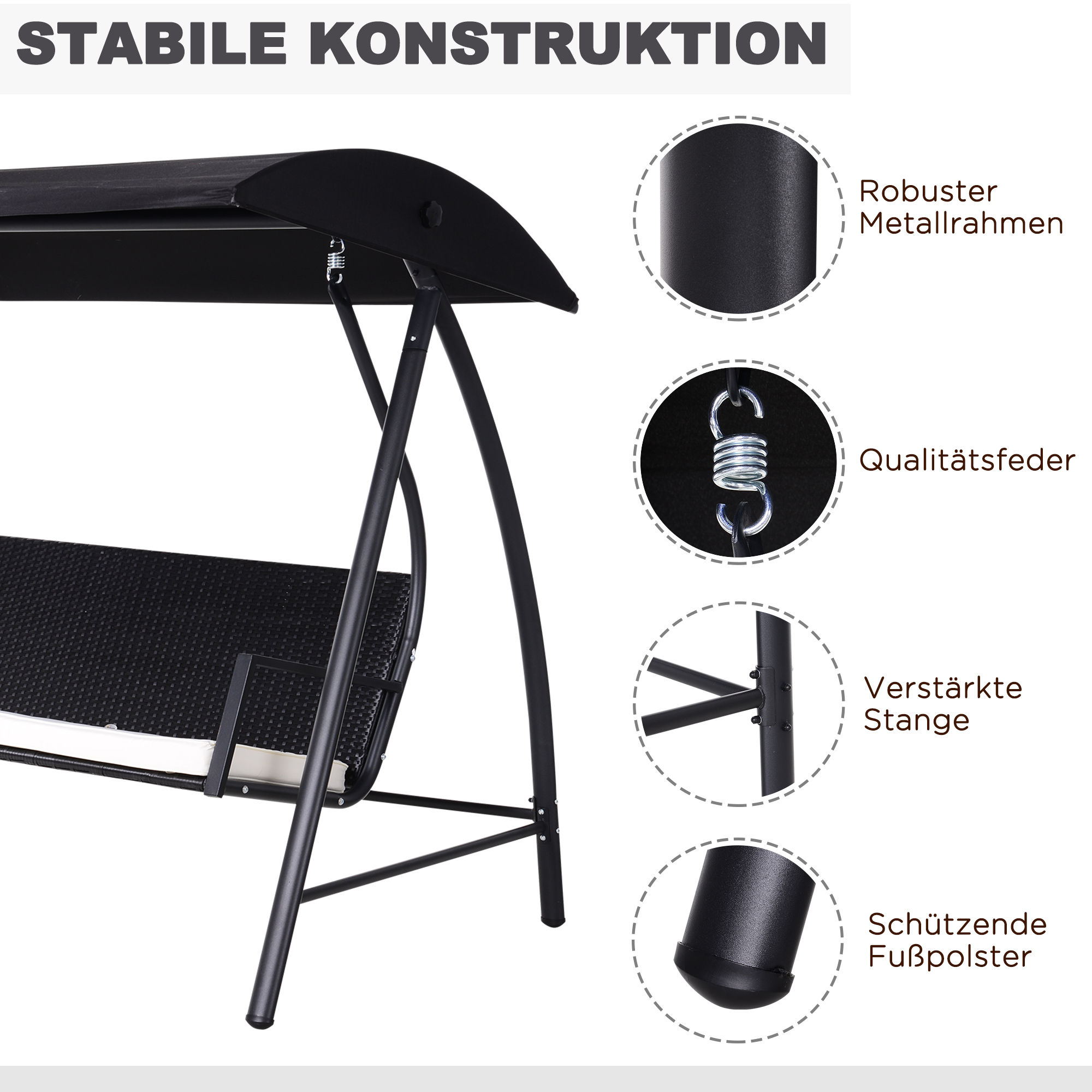 Hollywoodschaukel 3-Sitzer aus Polyrattan Gartenschaukel mit verstellbar Sonnendach Sonnenschutz Sitzkissen Hängebank bis 360 kg belastbar Hängeschaukel für Garten 198x124x179cm Schwarz